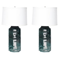 Brutalist Smoked Aquamarine Crystal Argos Table Lamps by Baldiccini Signed Daum