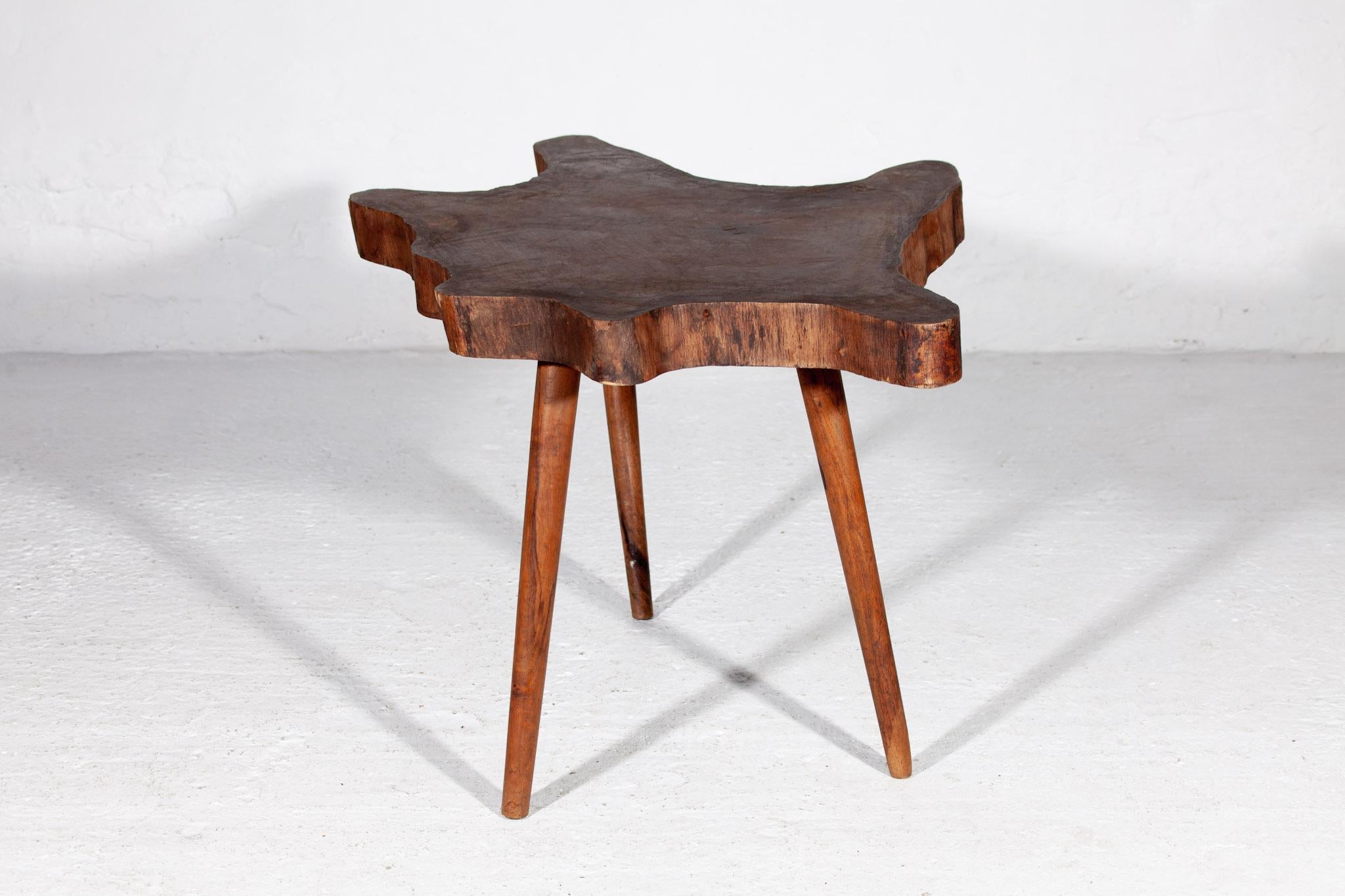 French Brutalist Solid Amorphic Teak Wood Natural Slab Coffee Side Table, 1930s For Sale