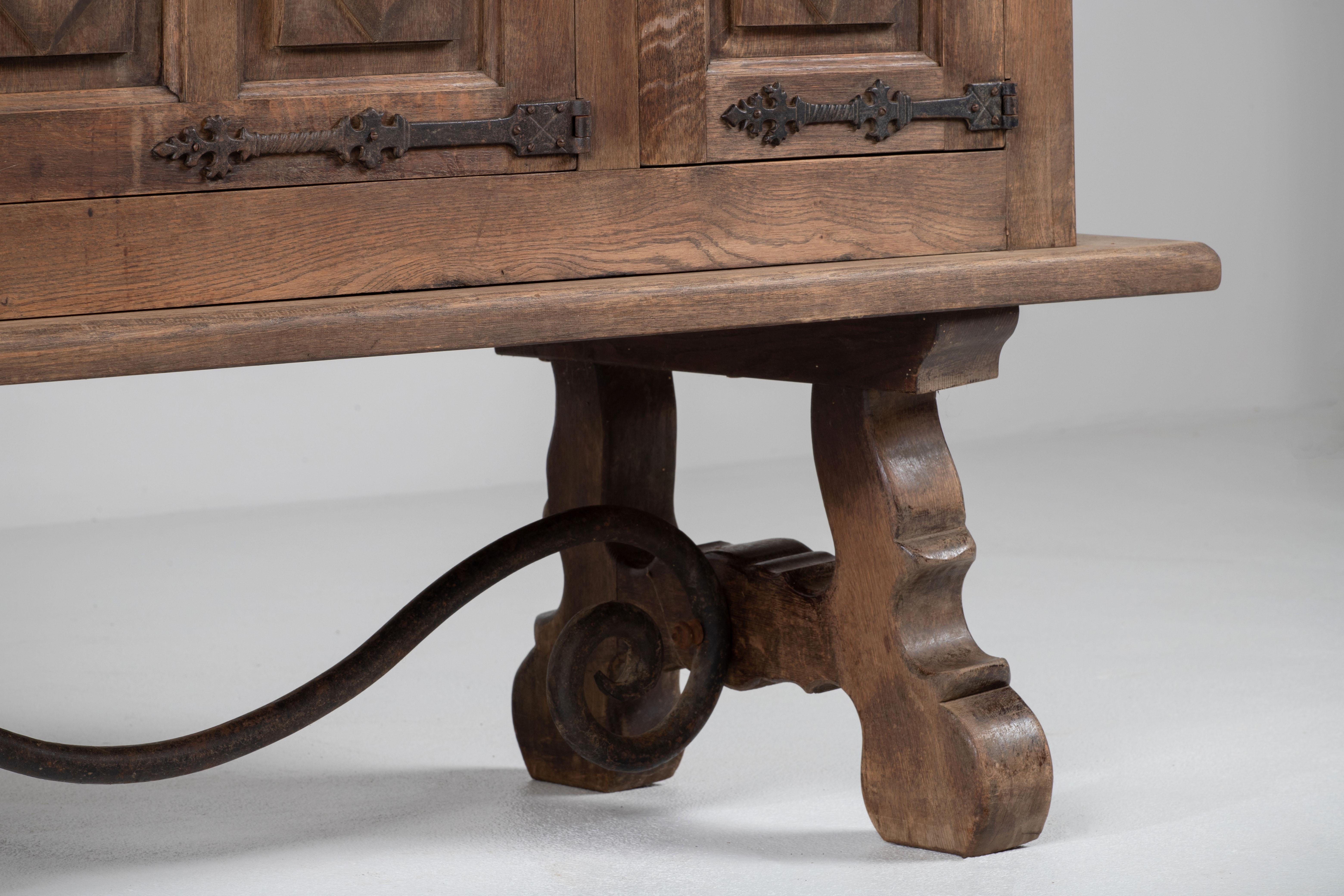 Brutalist Solid Elm and Wrought Iron Sideboard, Spanish Colonial, 1940s 2