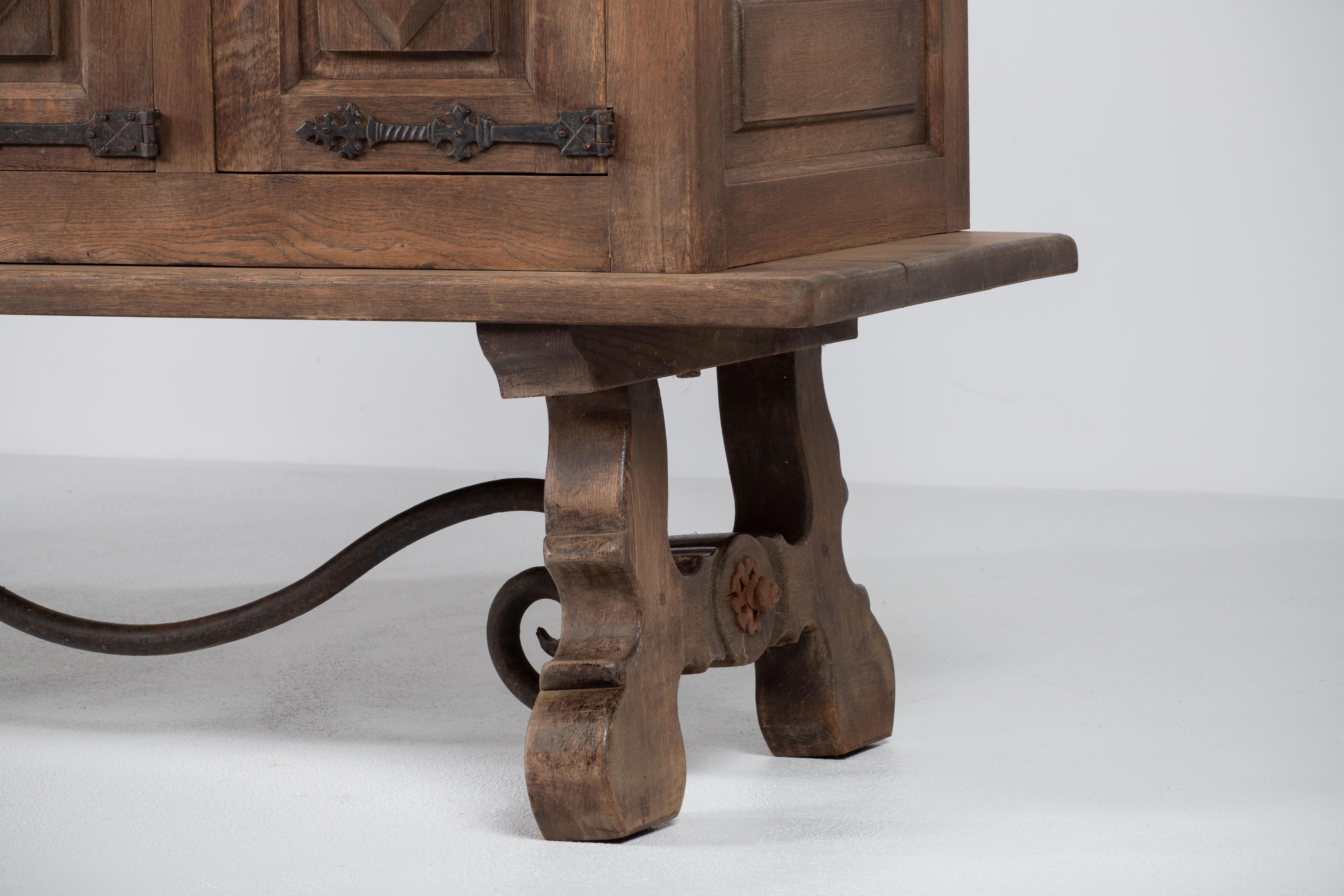 Brutalist Solid Elm and Wrought Iron Sideboard, Spanish Colonial, 1940s 3