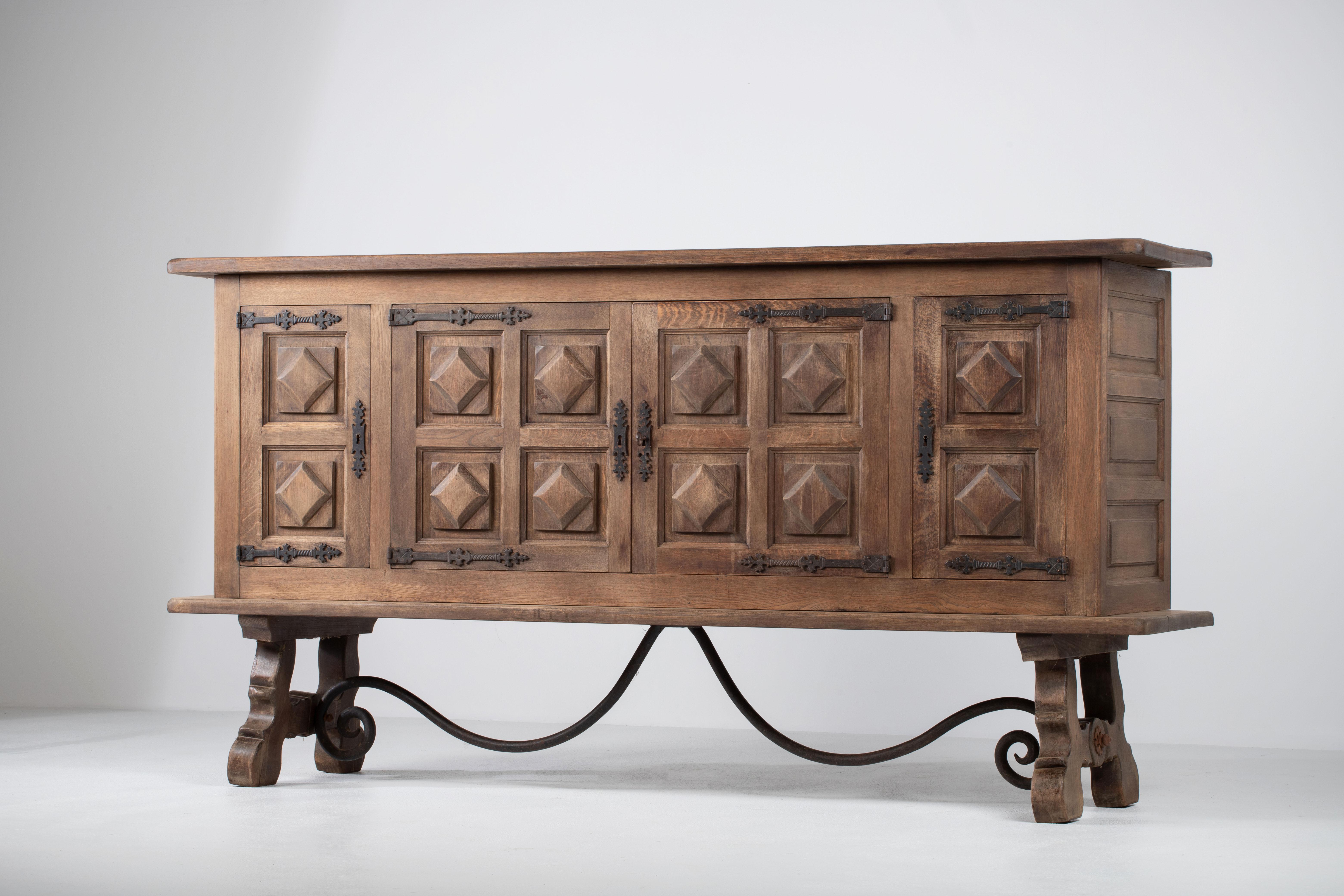 Brutalist Solid Elm and Wrought Iron Sideboard, Spanish Colonial, 1940s 4