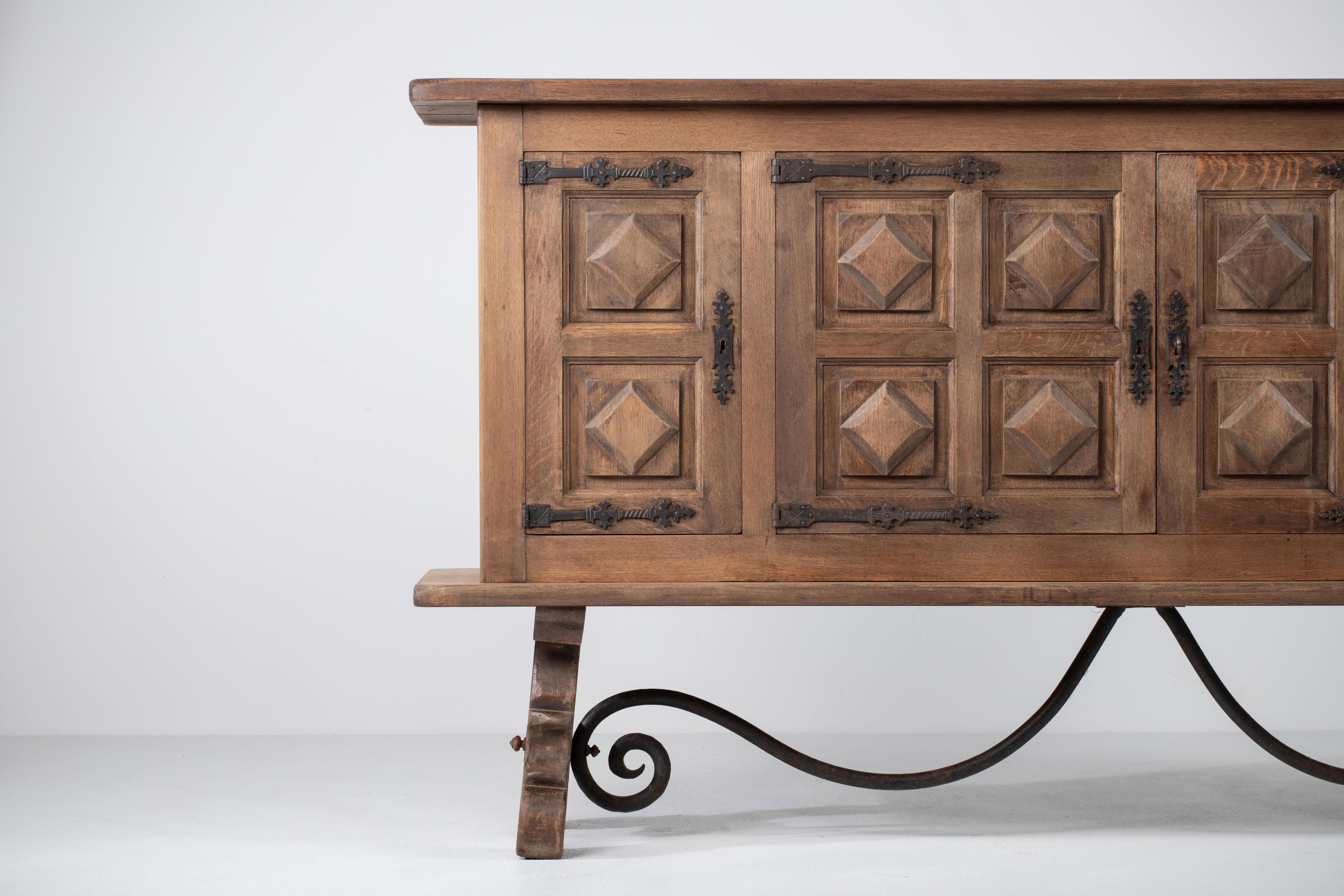 Brutalist Solid Elm and Wrought Iron Sideboard, Spanish Colonial, 1940s 6