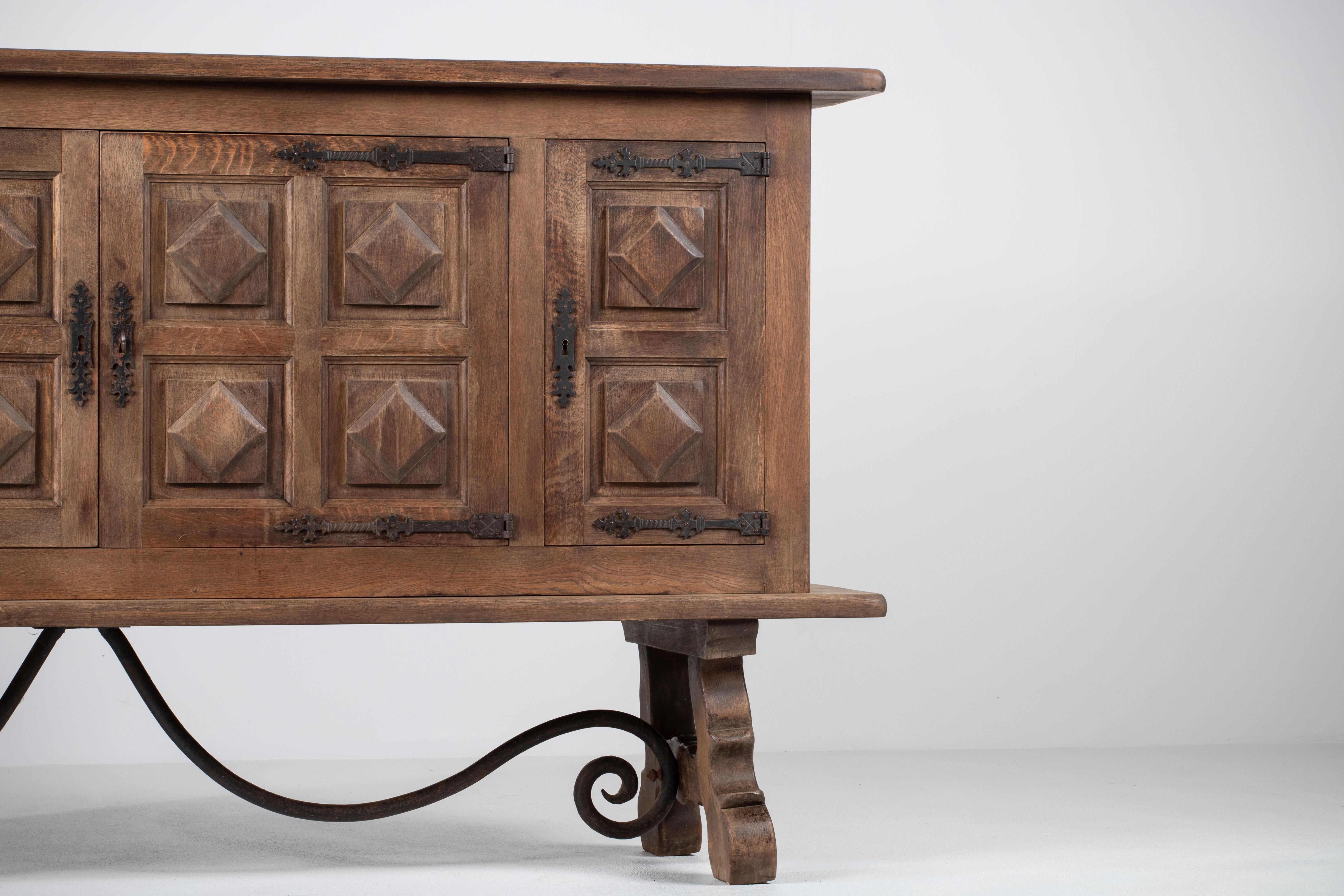 Brutalist Solid Elm and Wrought Iron Sideboard, Spanish Colonial, 1940s 8