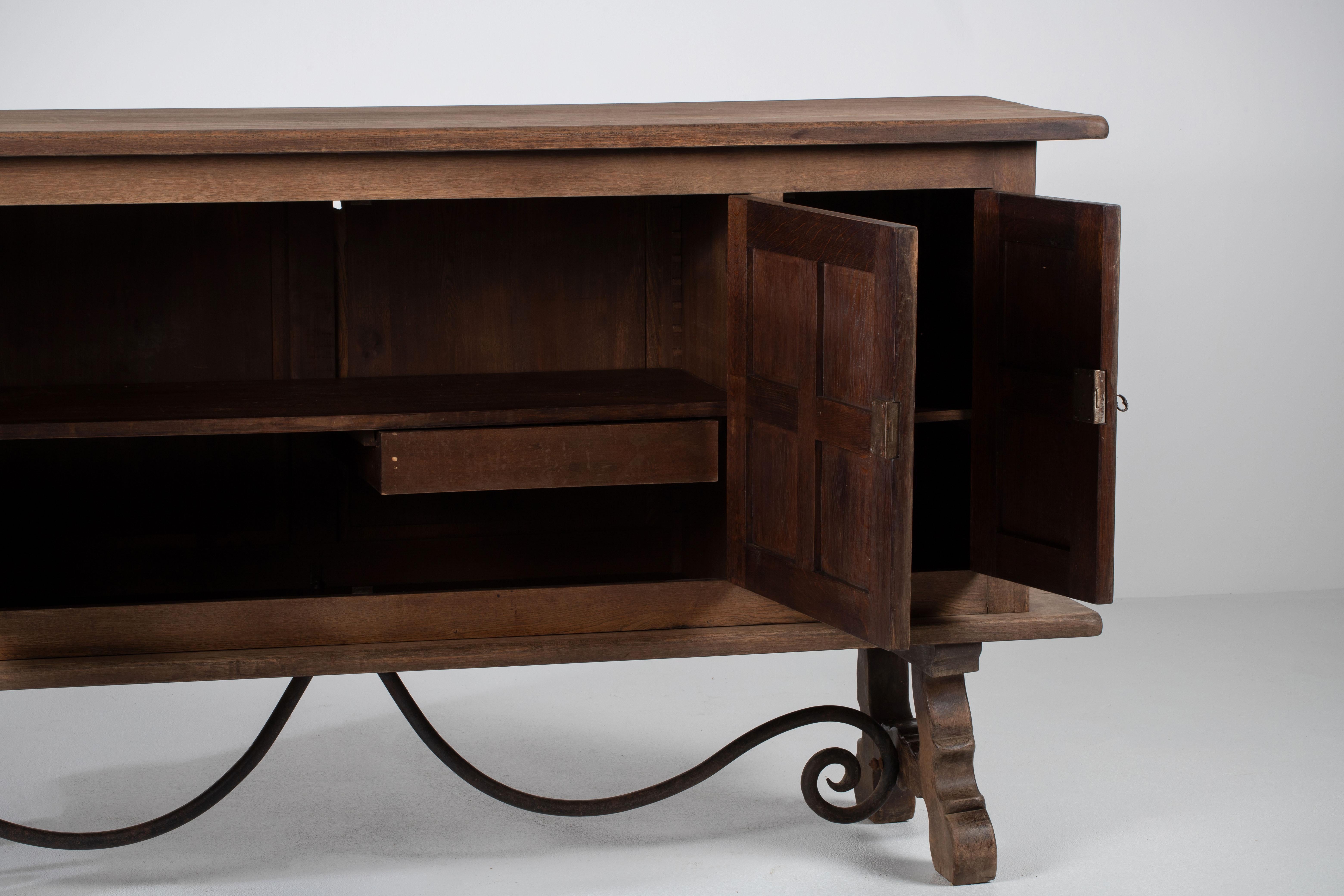 Baroque Brutalist Solid Elm and Wrought Iron Sideboard, Spanish Colonial, 1940s