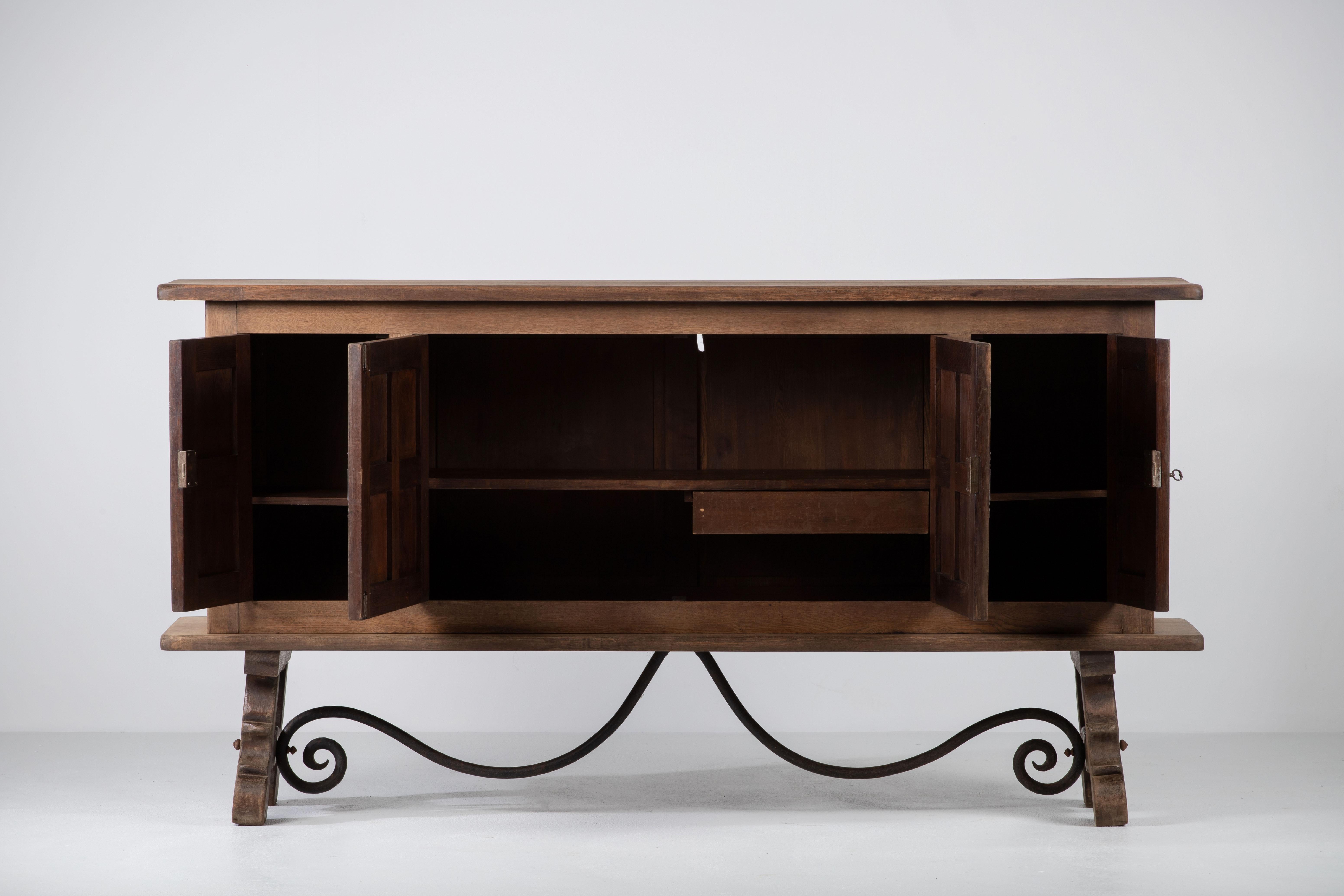 Brutalist Solid Elm and Wrought Iron Sideboard, Spanish Colonial, 1940s In Good Condition In Wiesbaden, DE