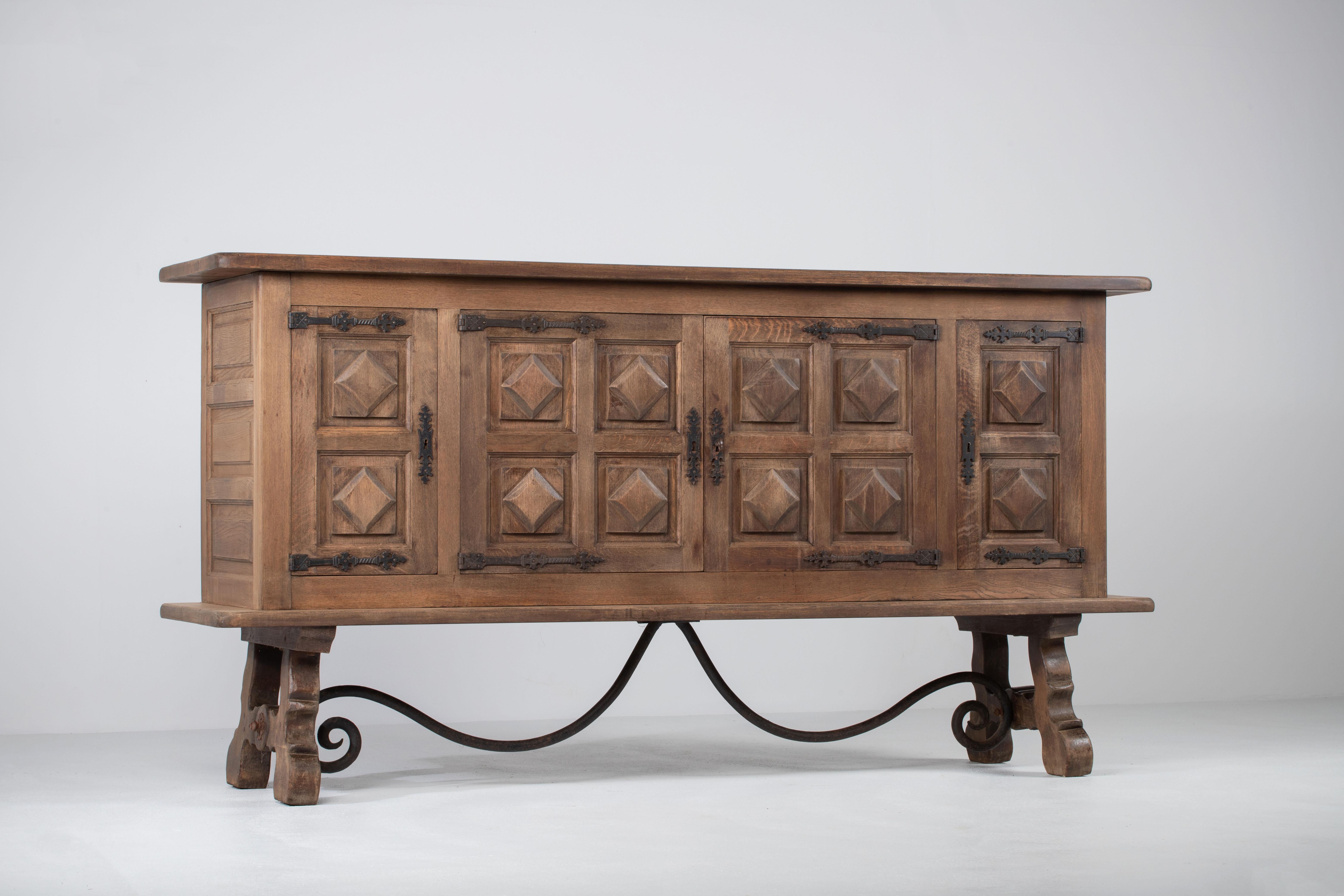 Mid-20th Century Brutalist Solid Elm and Wrought Iron Sideboard, Spanish Colonial, 1940s