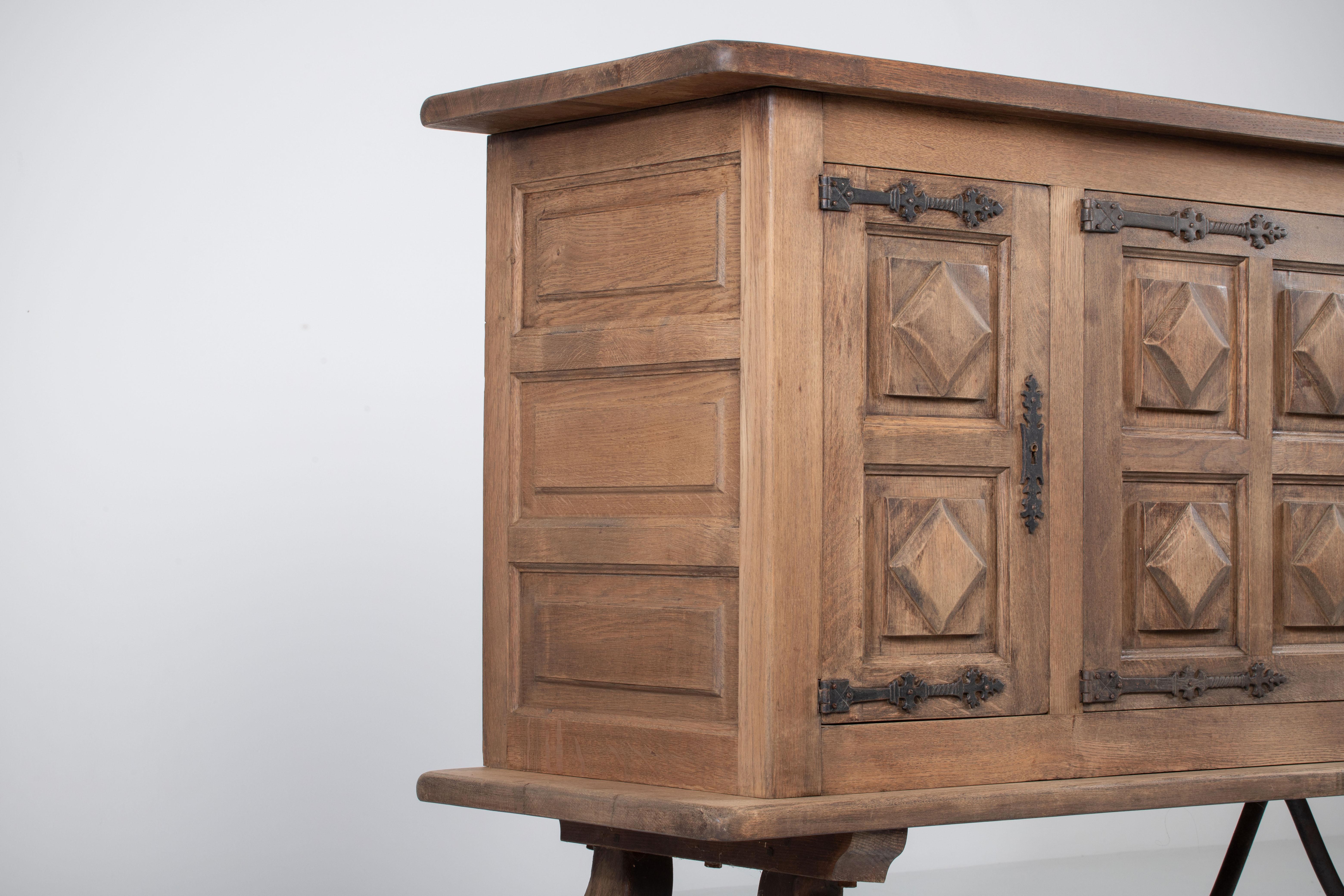 Oak Brutalist Solid Elm and Wrought Iron Sideboard, Spanish Colonial, 1940s