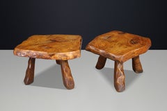 Brutalist Solid Elm Side Tables, Set of 2, France, 1960s