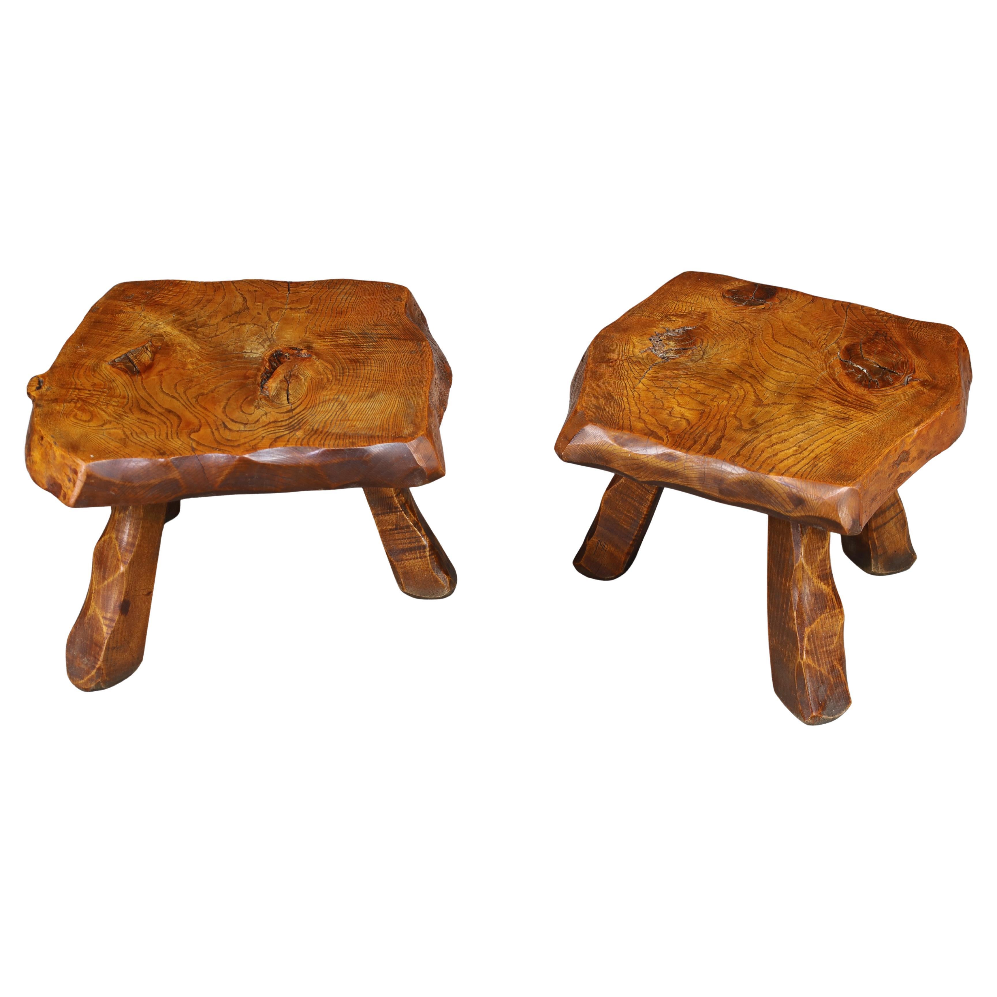 Brutalist Solid Elm Side Tables, Set of 2, France, 1960s