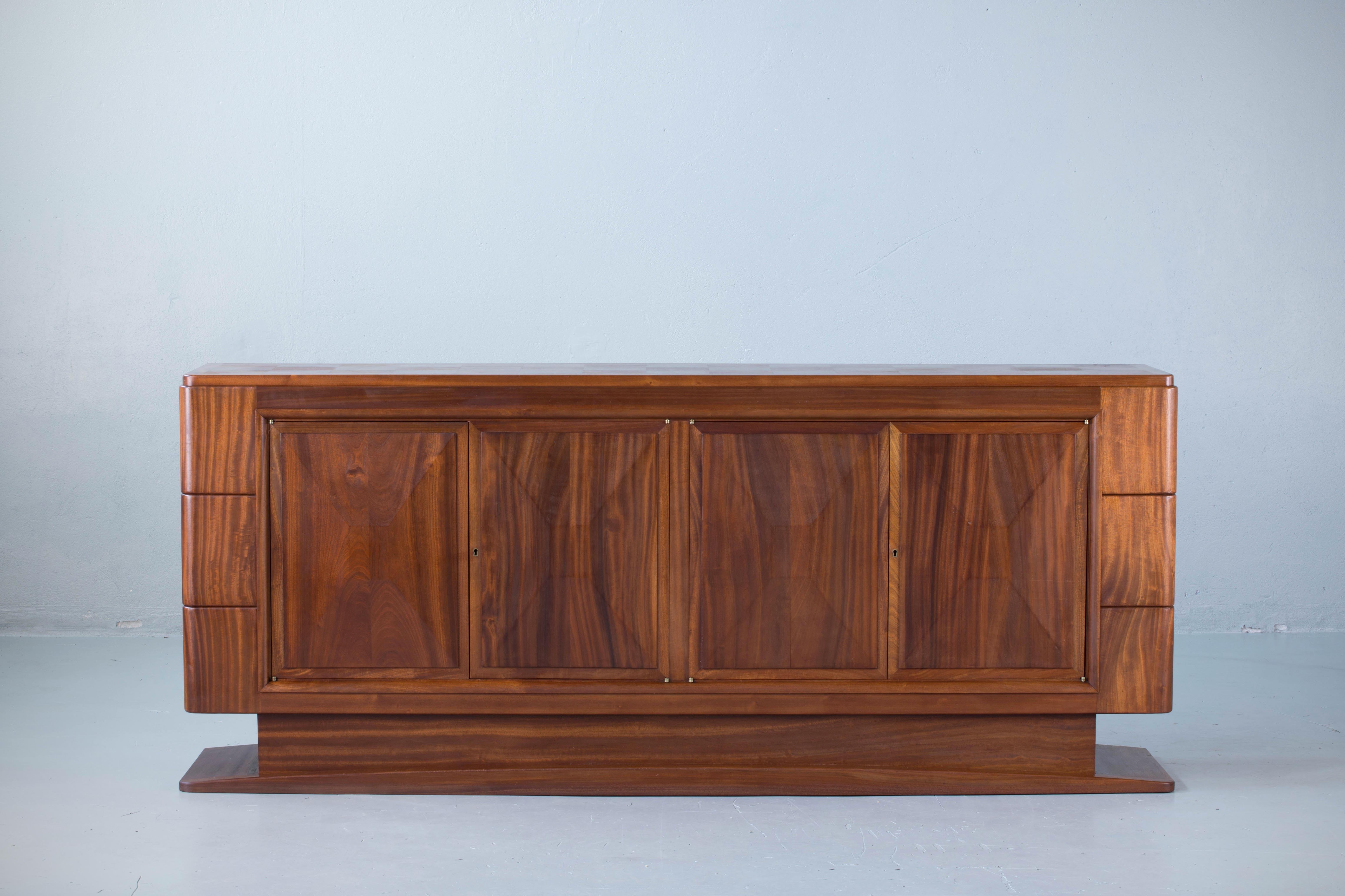 French Brutalist Solid Mahogany Sideboard, France, 1940s