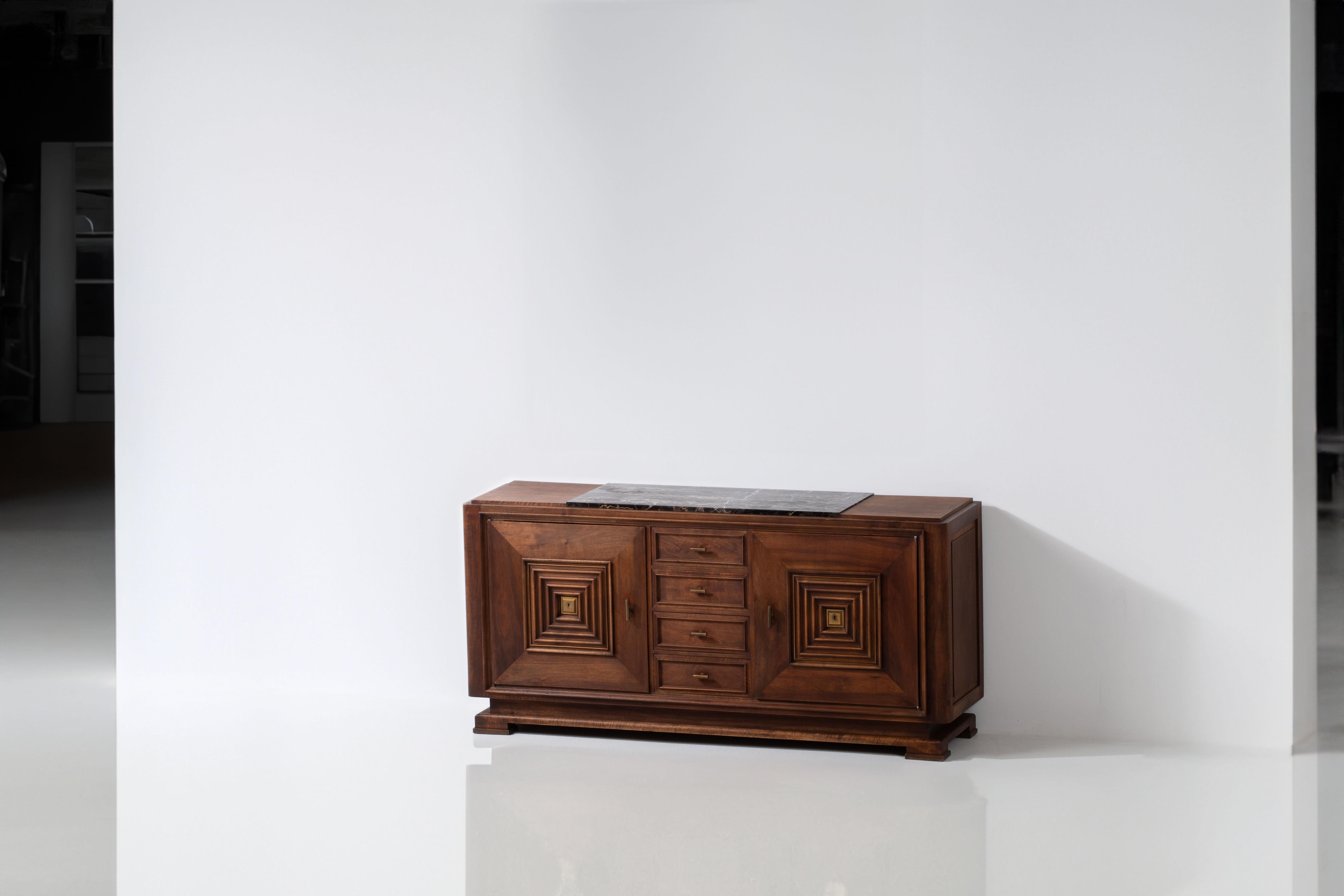 Brutalist Solid Mahogany Sideboard, France, 1940s In Good Condition For Sale In Wiesbaden, DE