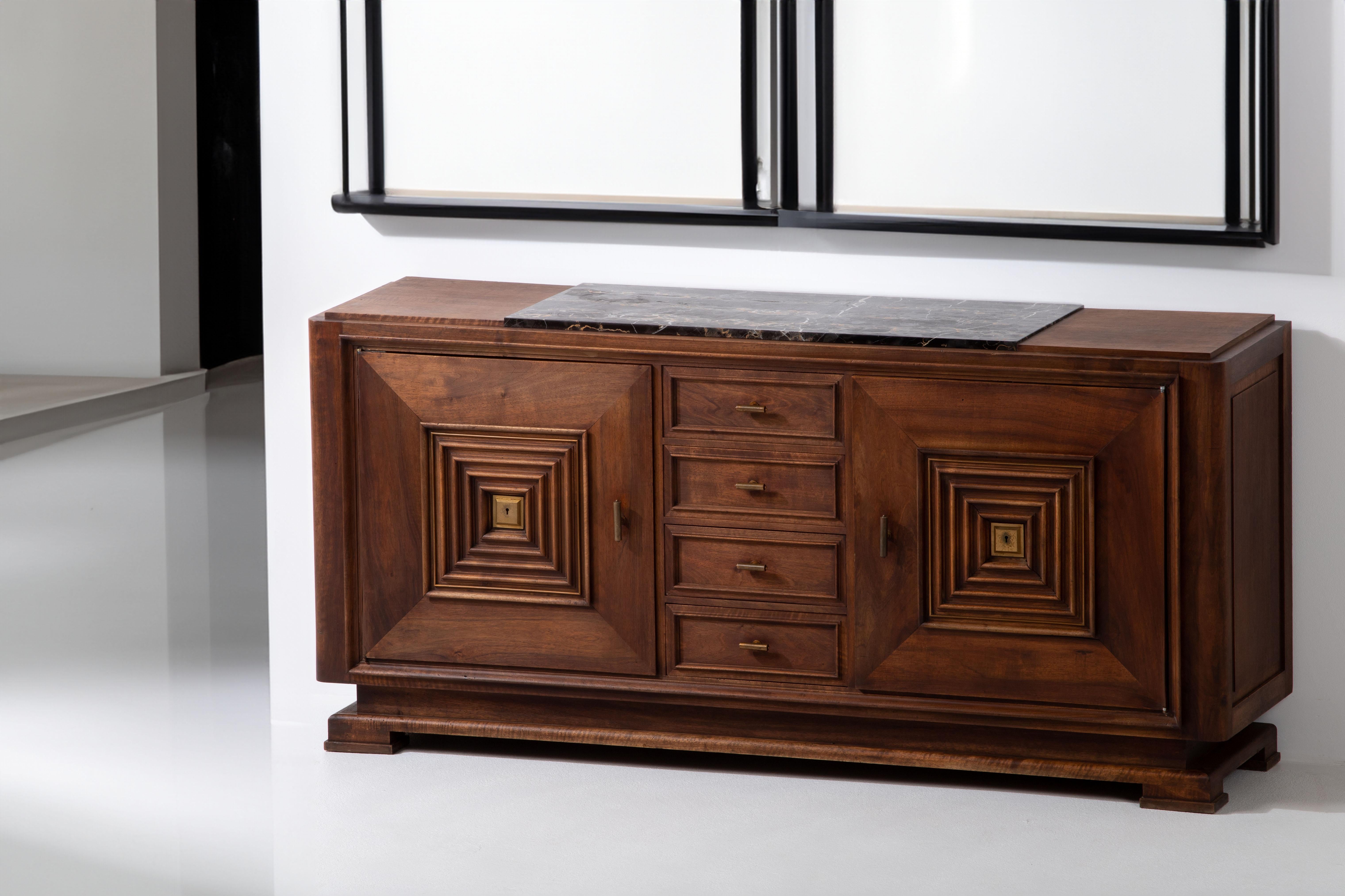 Mid-20th Century Brutalist Solid Mahogany Sideboard, France, 1940s For Sale