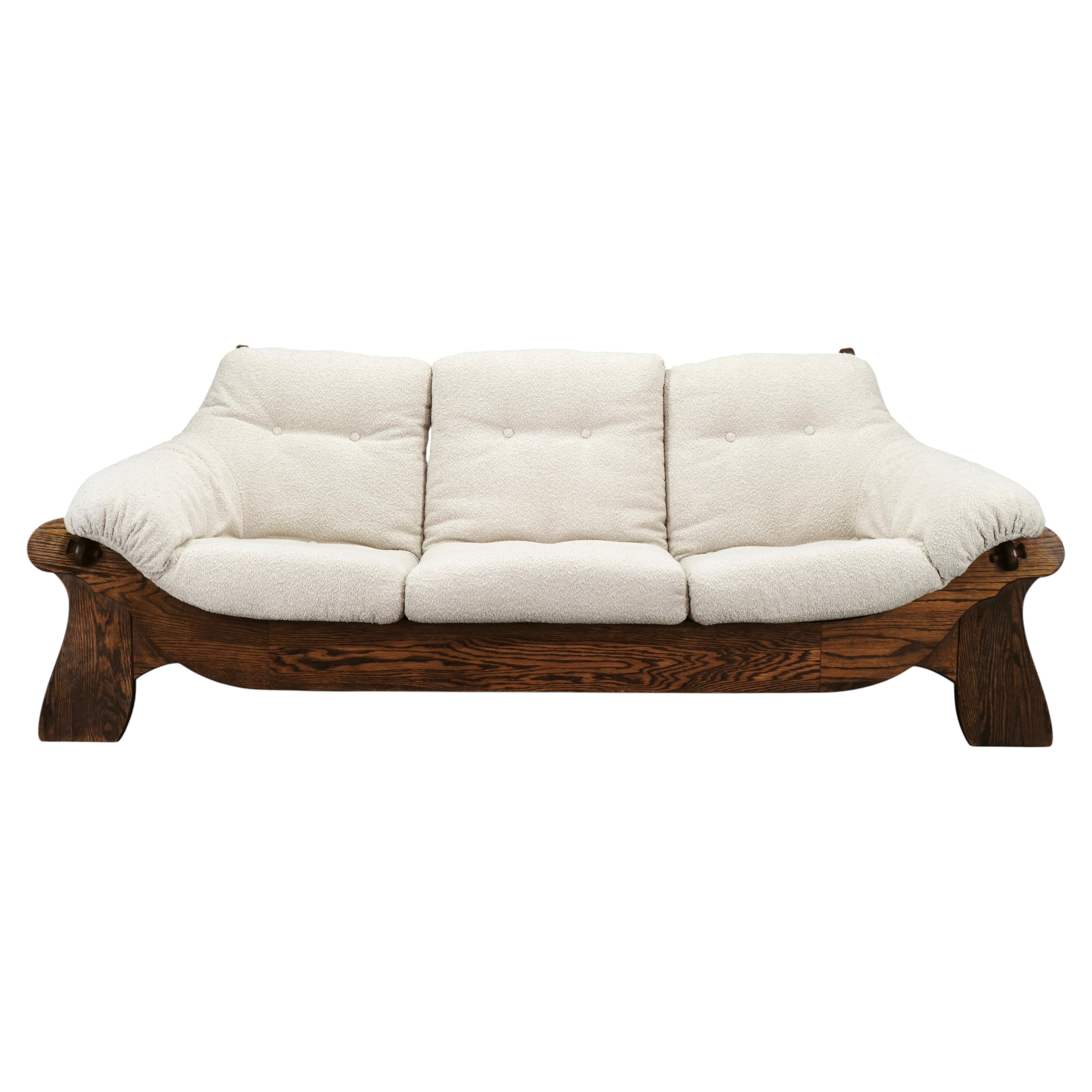 Brutalist Solid Oak and Bouclé Three-Seat Sofa, Czechoslovakia 1970s