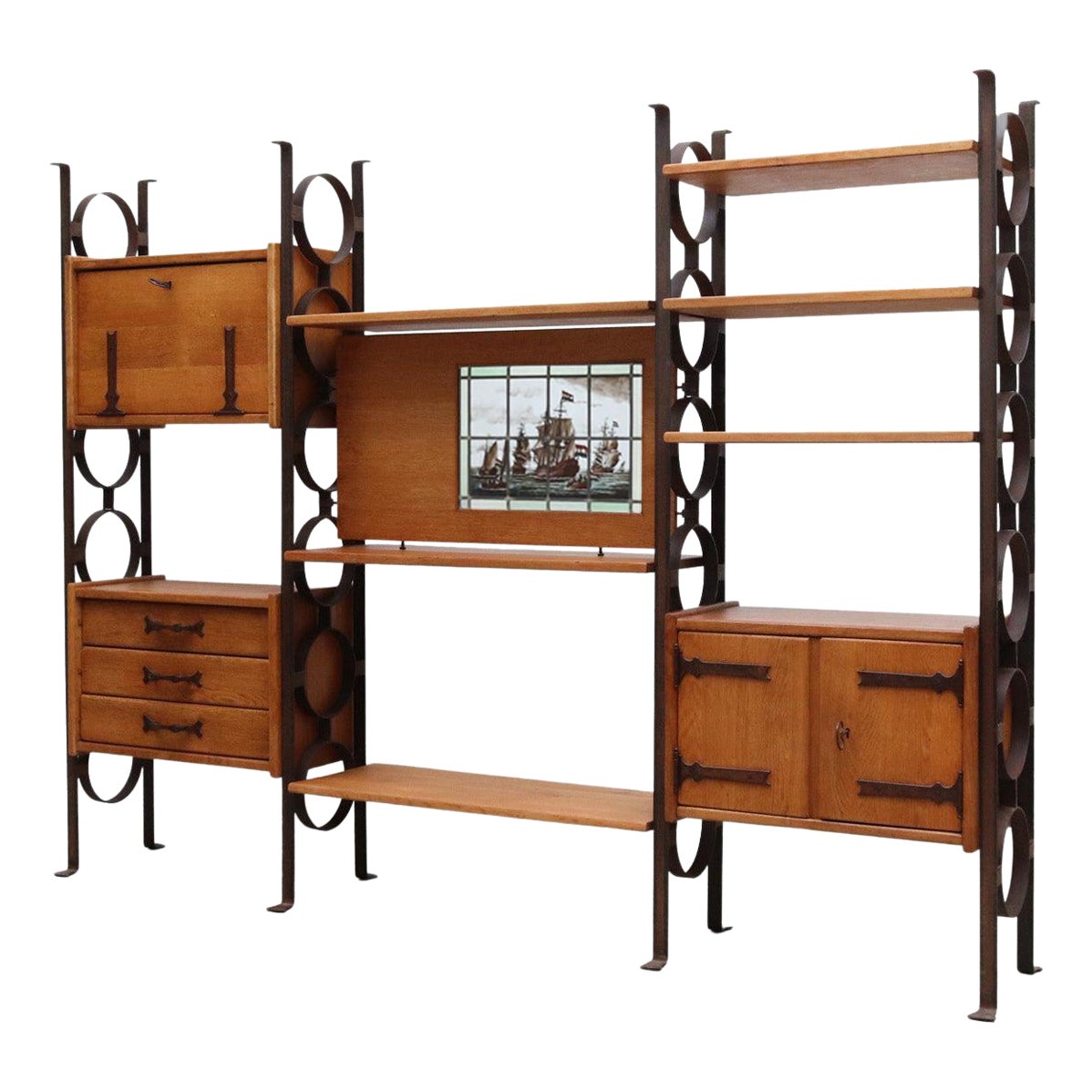 Brutalist Solid Oak and Iron Room Divider Storage Unit with Stained Glass Panel