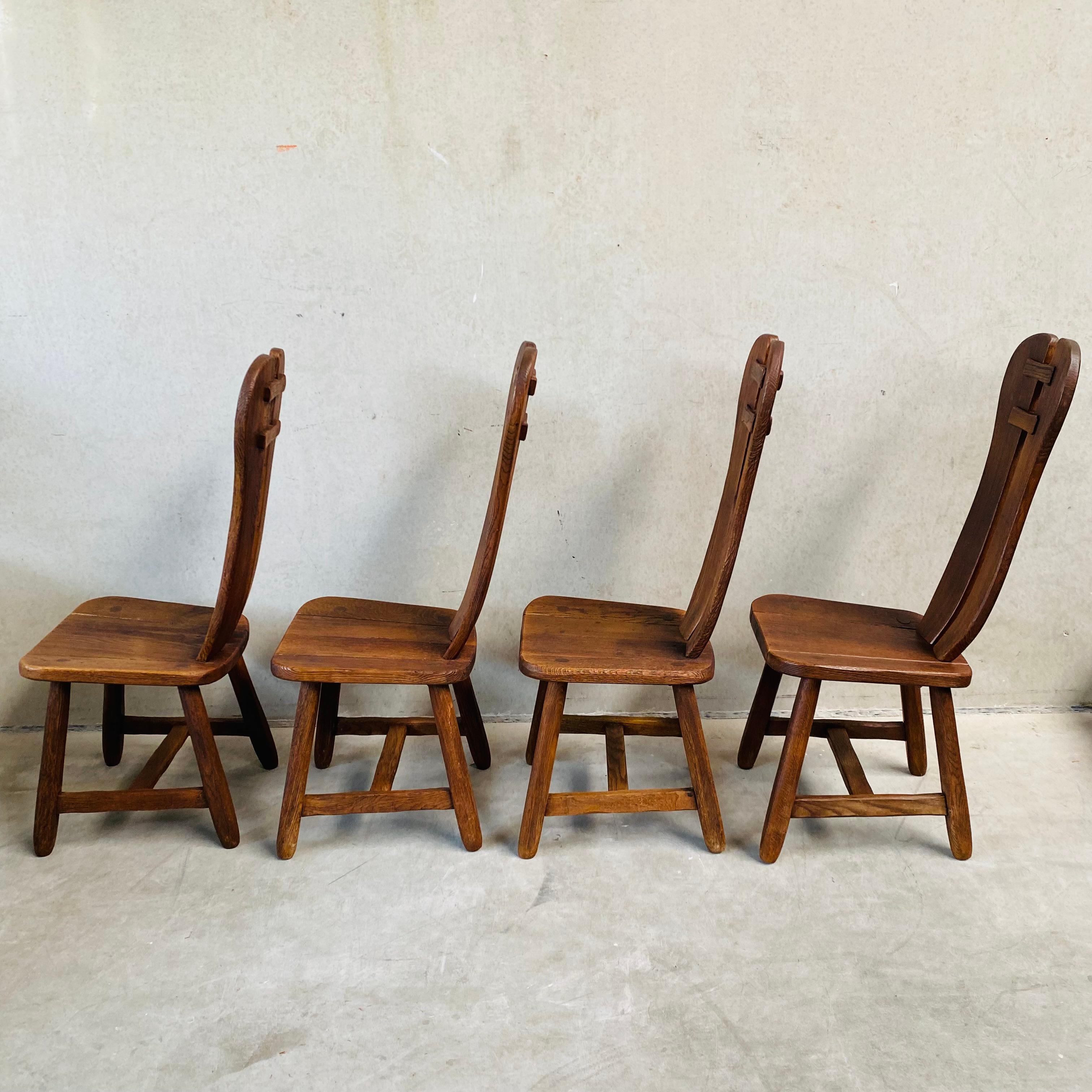 Belgian Brutalist Solid Oak Art Dining Chairs by 