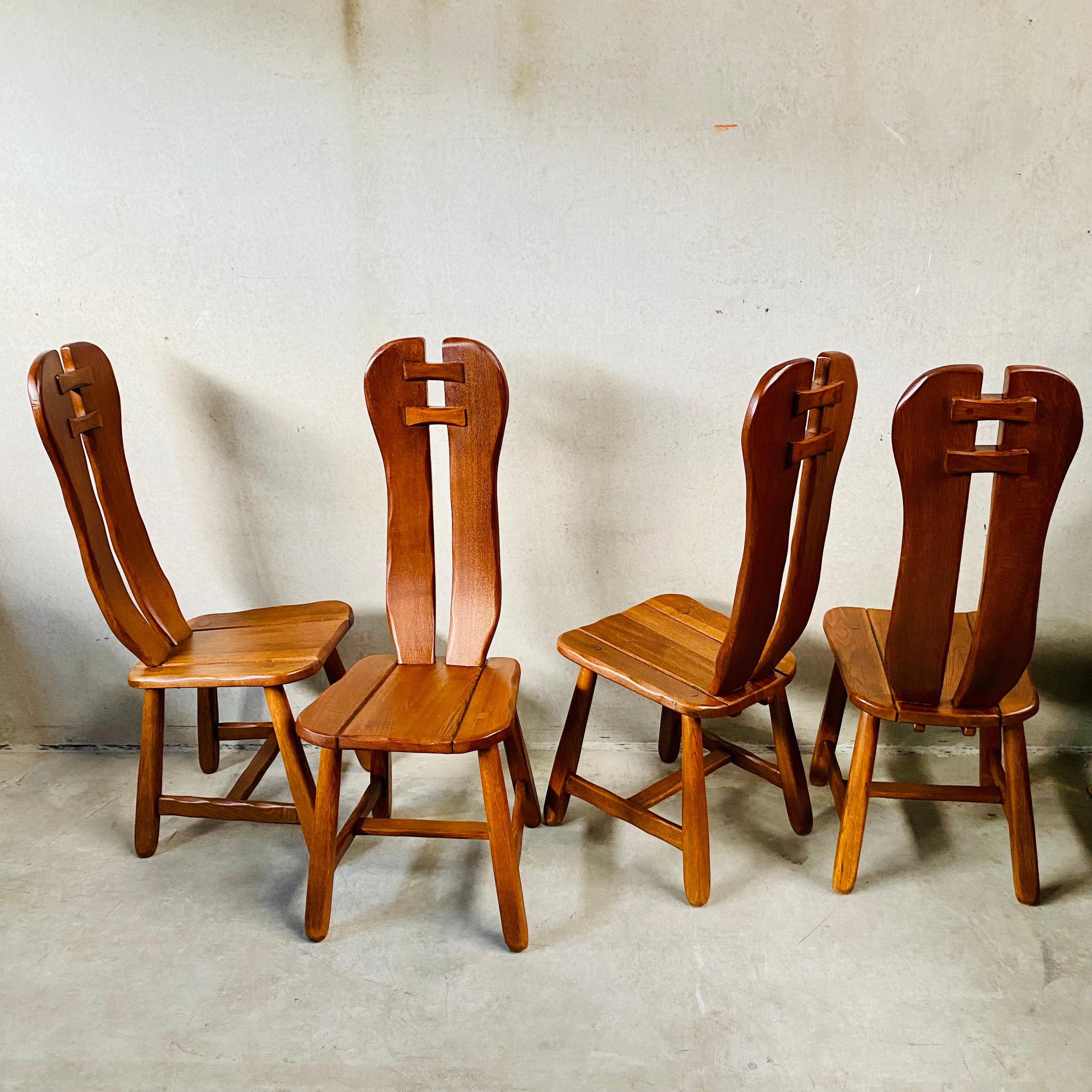 Hand-Carved Brutalist Solid Oak Art Dining Chairs by 