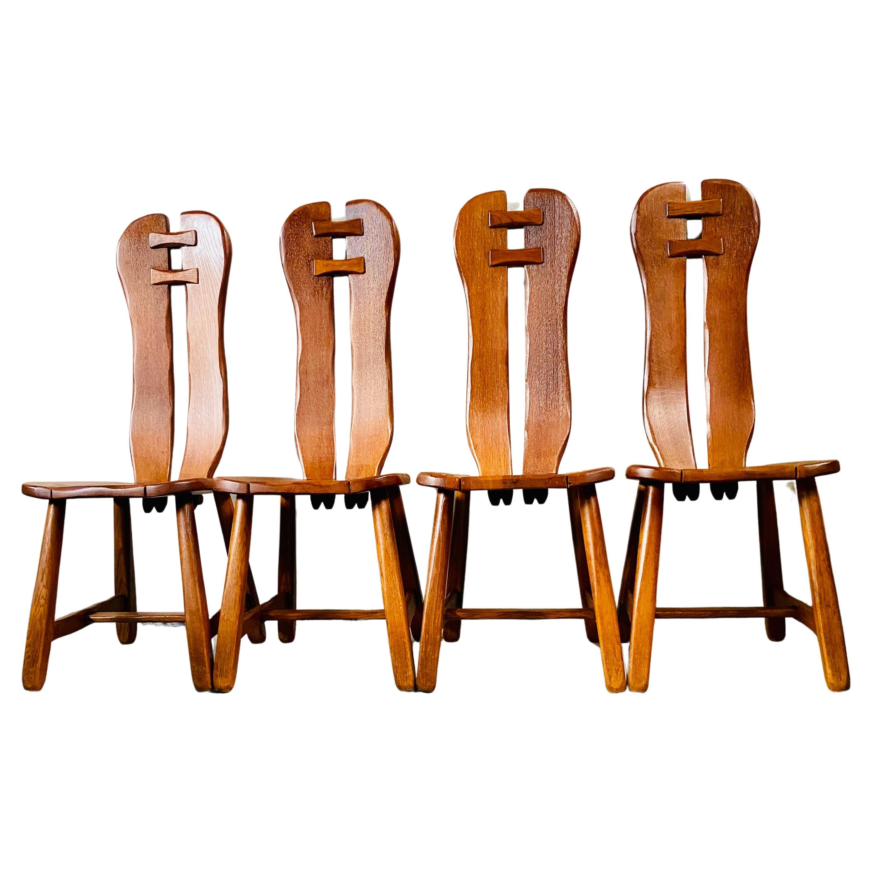 Brutalist Solid Oak Art Dining Chairs by "Kunstmeubelen De Puydt", Belgium 1970s For Sale