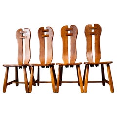 Retro Brutalist Solid Oak Art Dining Chairs by "Kunstmeubelen De Puydt", Belgium 1970s