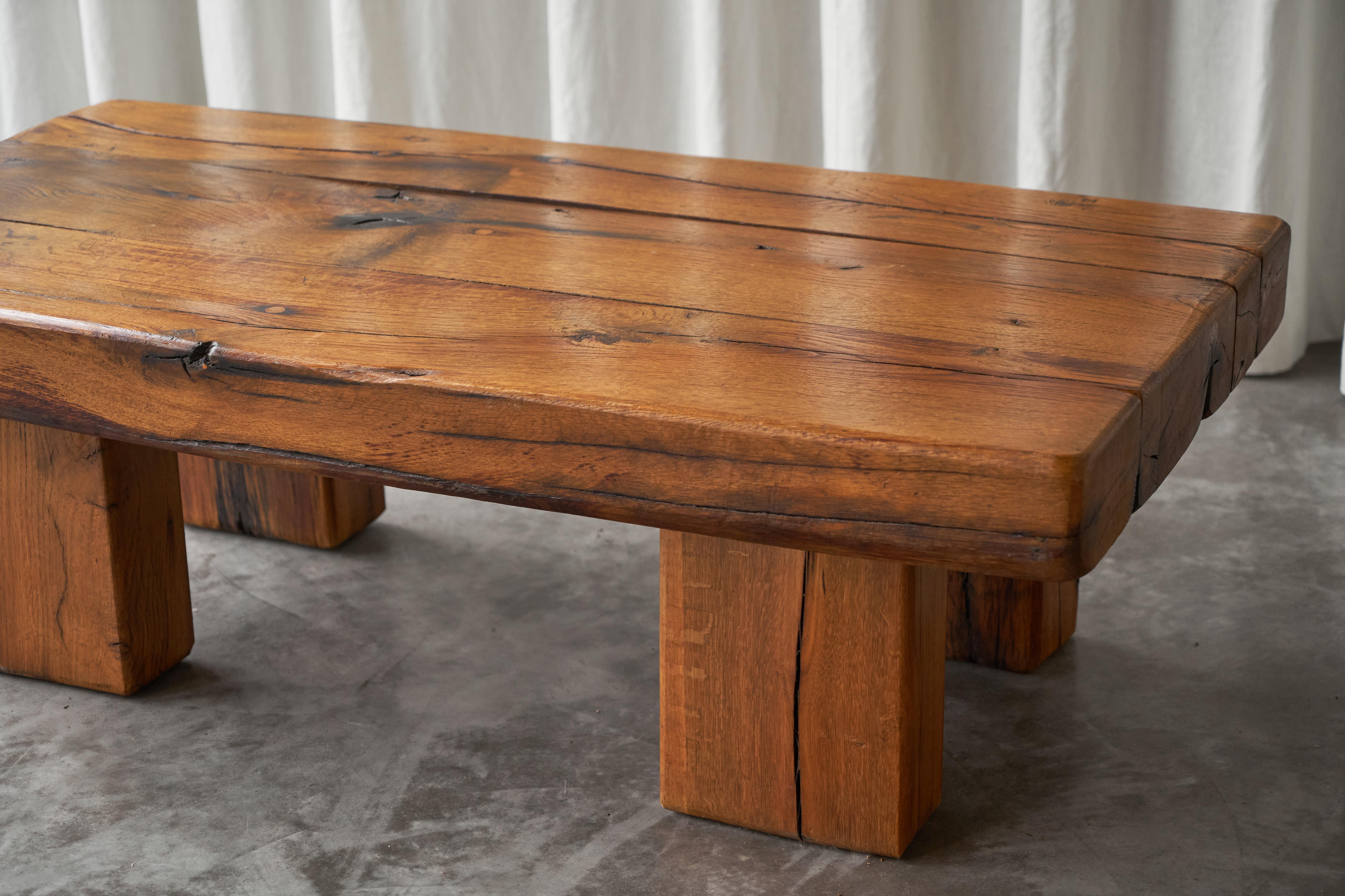 Brutalist Solid Oak Beam Coffee Table, Europe 1970s For Sale 2