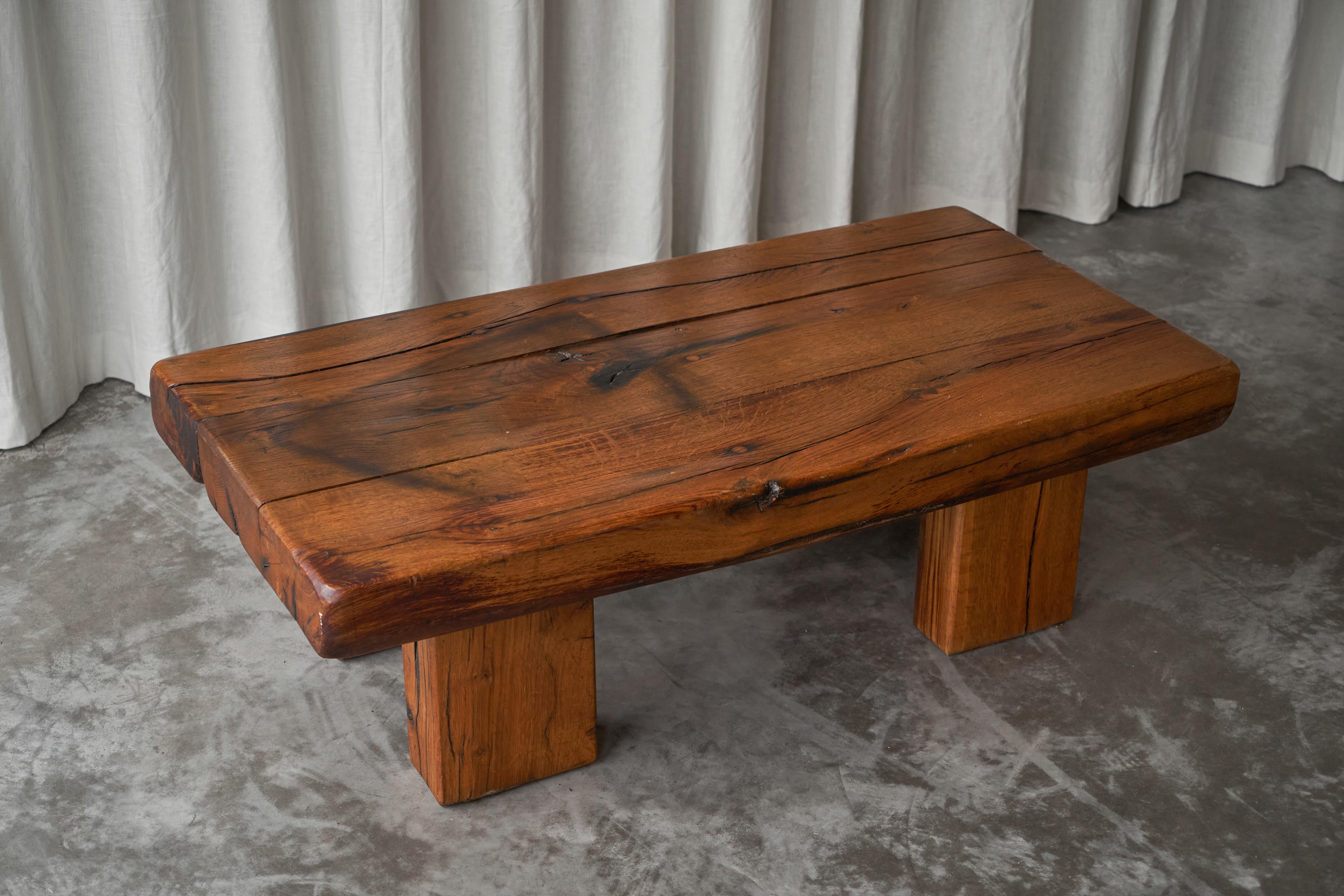 Mid-Century Modern Brutalist Solid Oak Beam Coffee Table, Europe 1970s For Sale