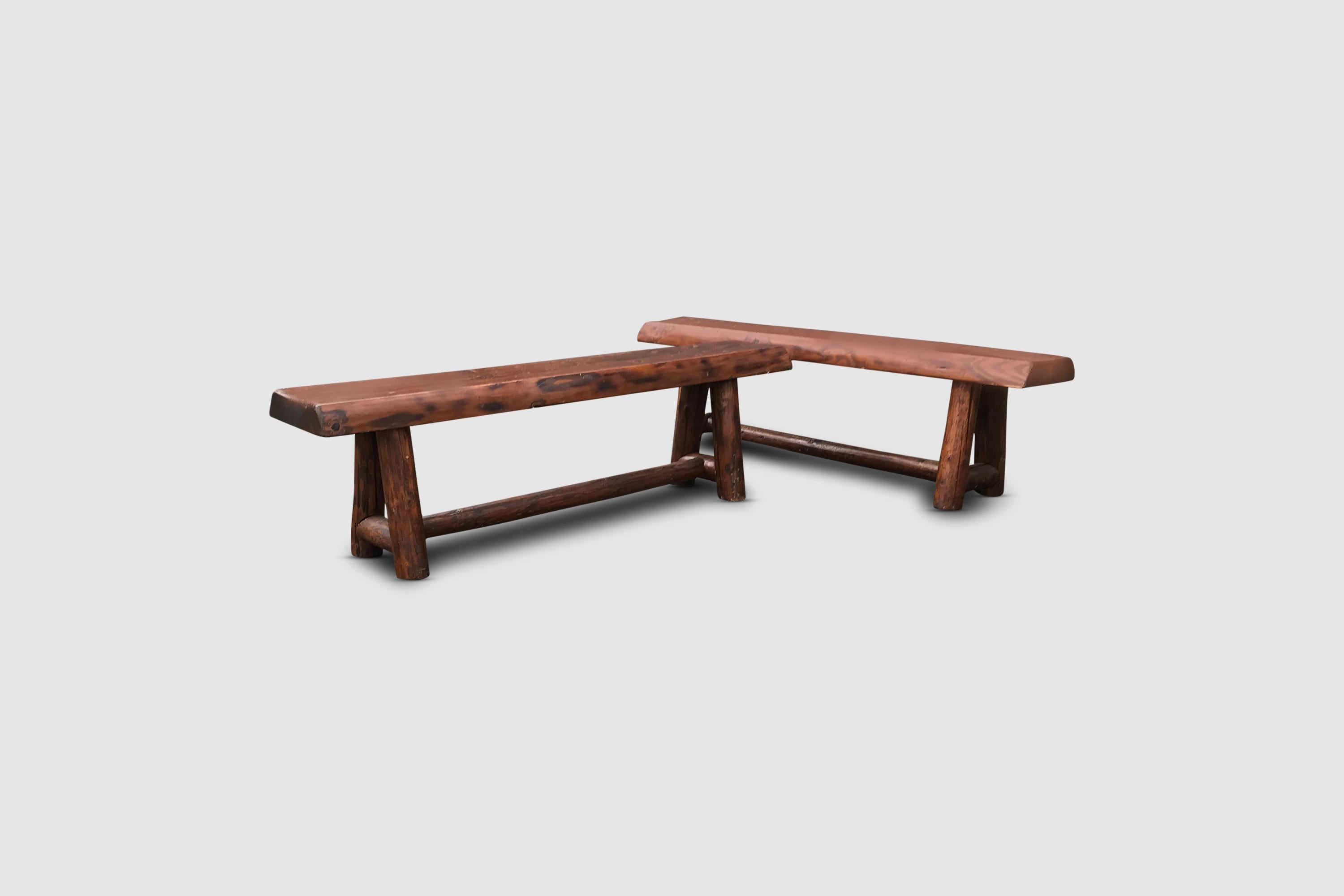 French Brutalist Solid Oak Benches France 1970s, Set of 2