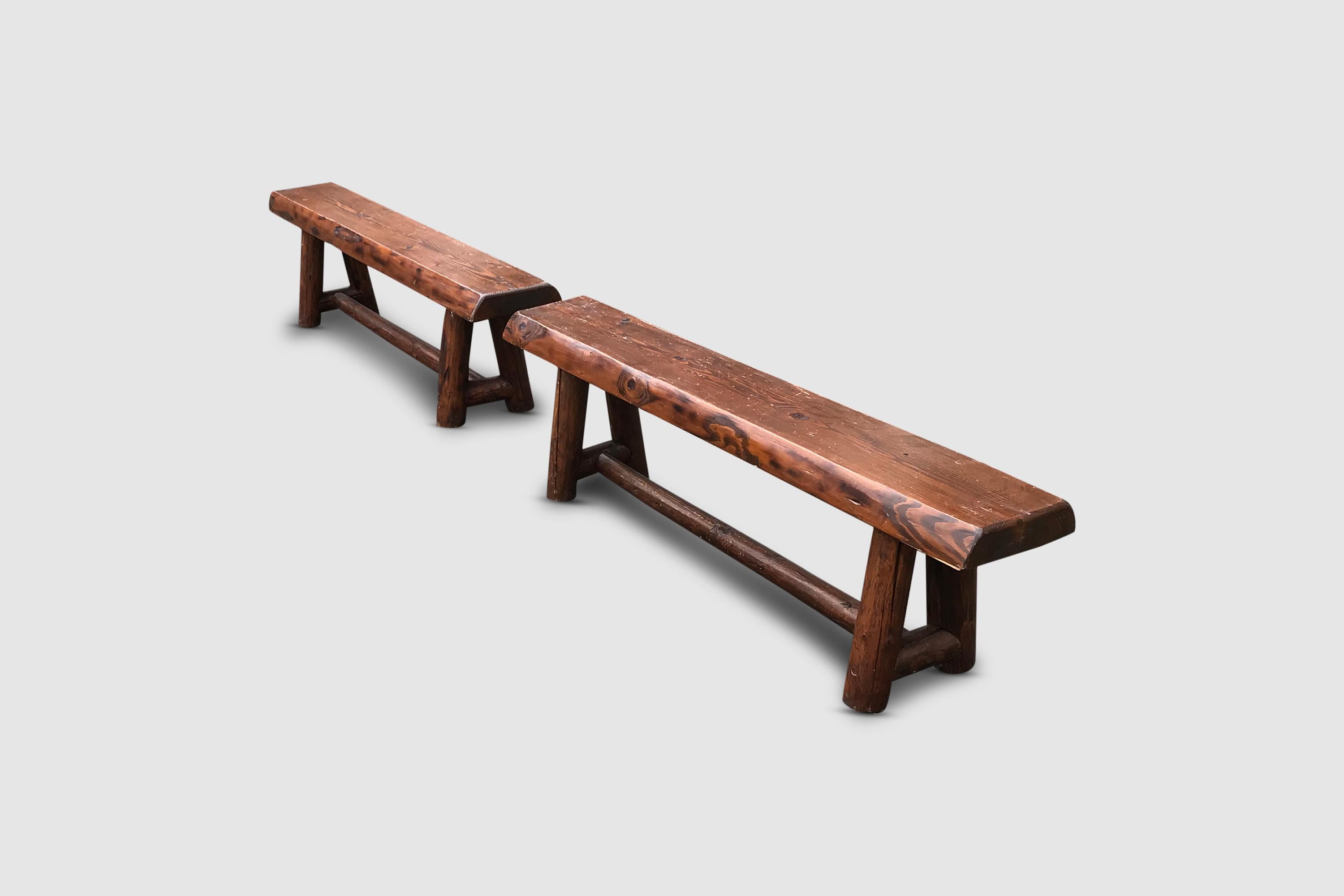 Late 20th Century Brutalist Solid Oak Benches France 1970s, Set of 2