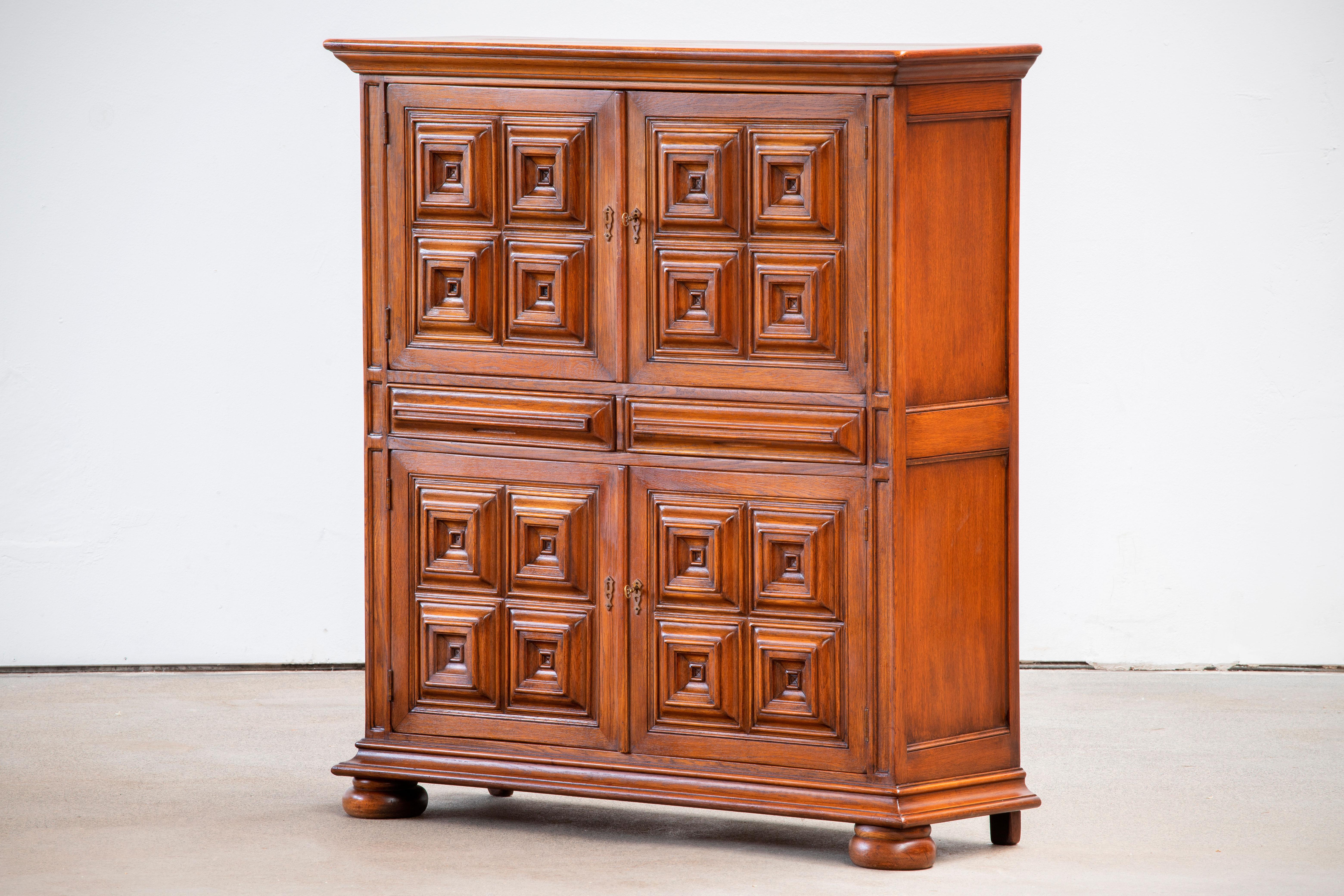 Mid-20th Century Brutalist Solid Oak Buffet, Spanish Colonial, 1940s