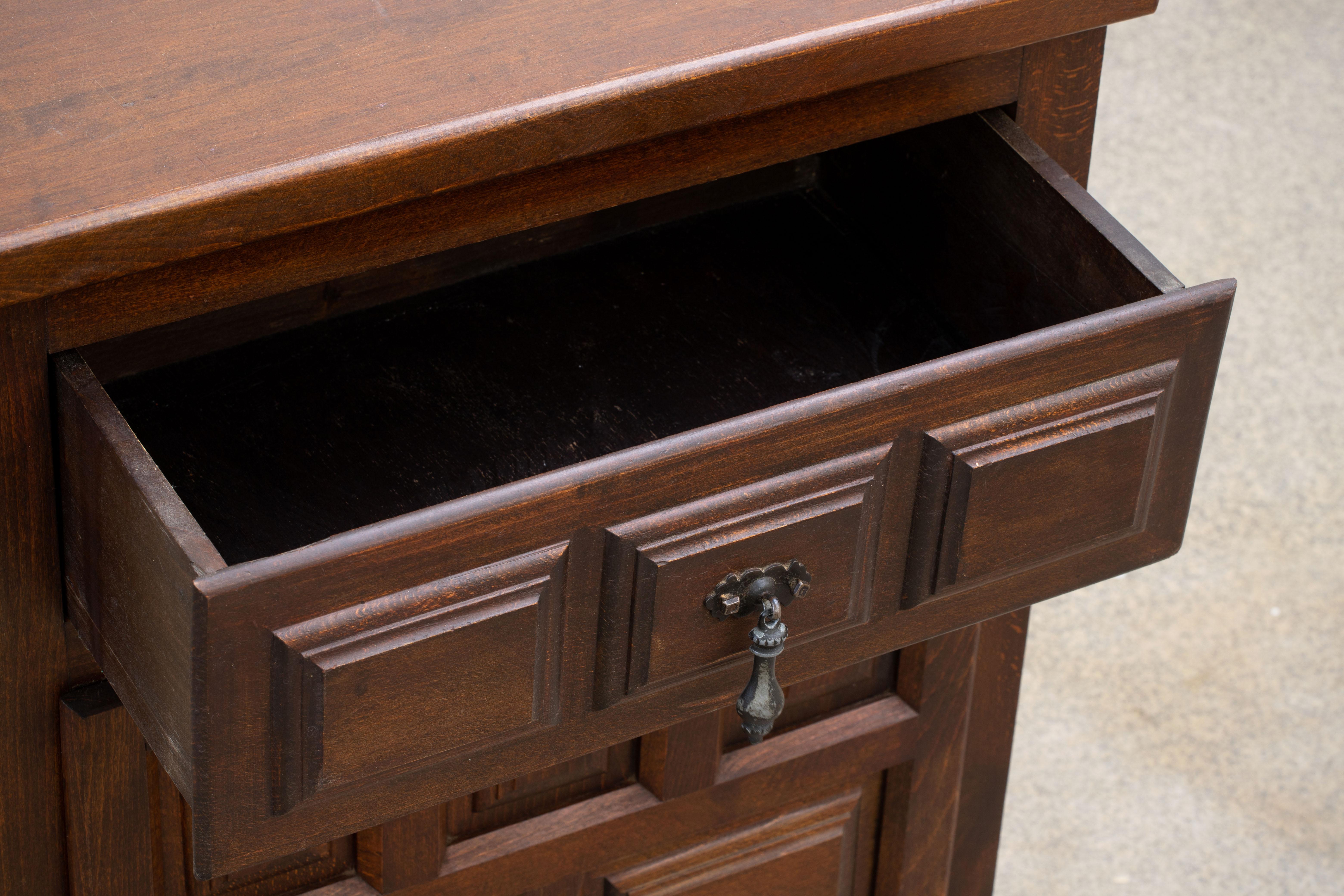 Mid-20th Century Brutalist Solid Oak Cabinet, Spanish Colonial, 1940s For Sale