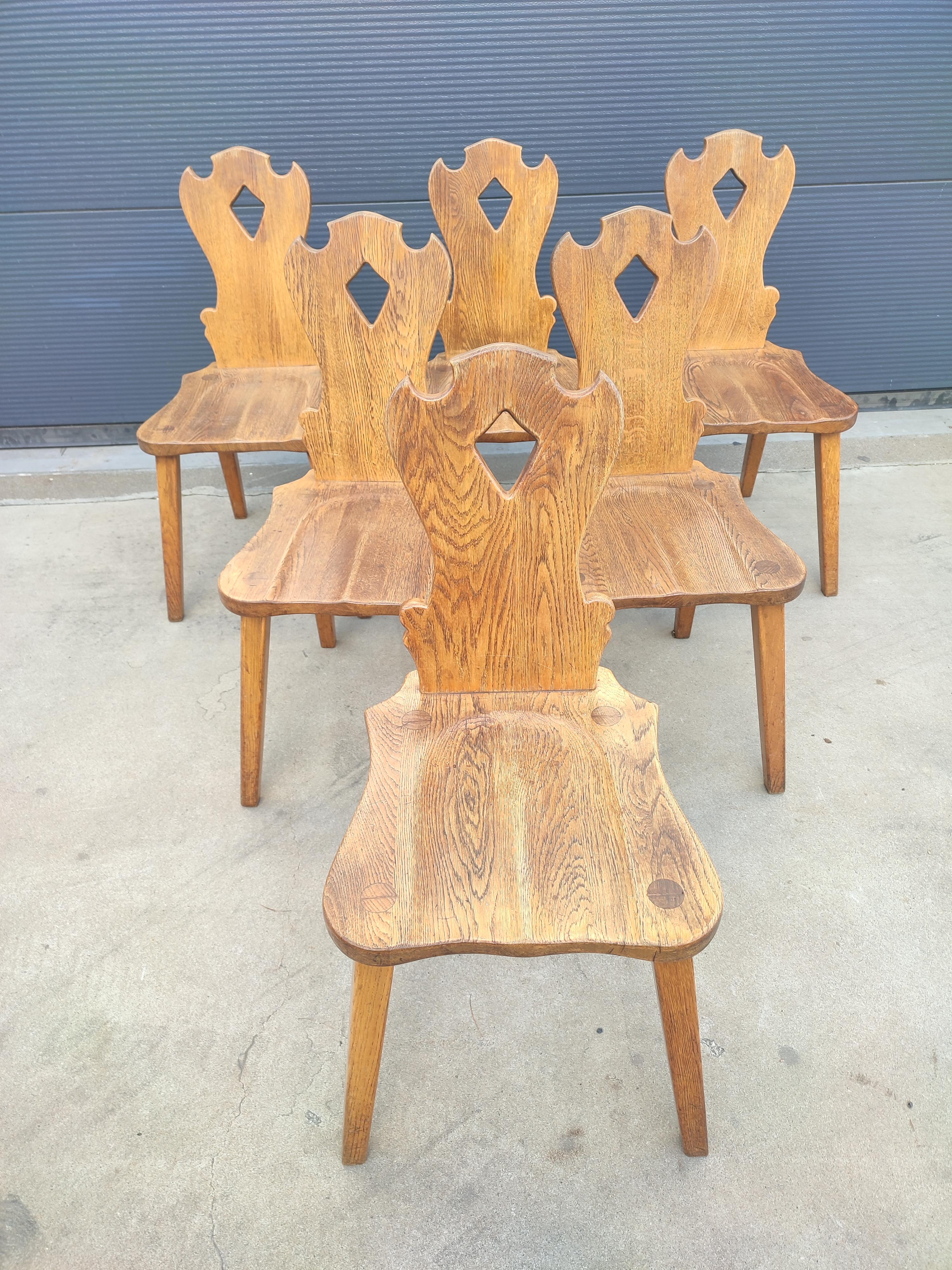 Brutalist solid oak dining chairs set of 6.