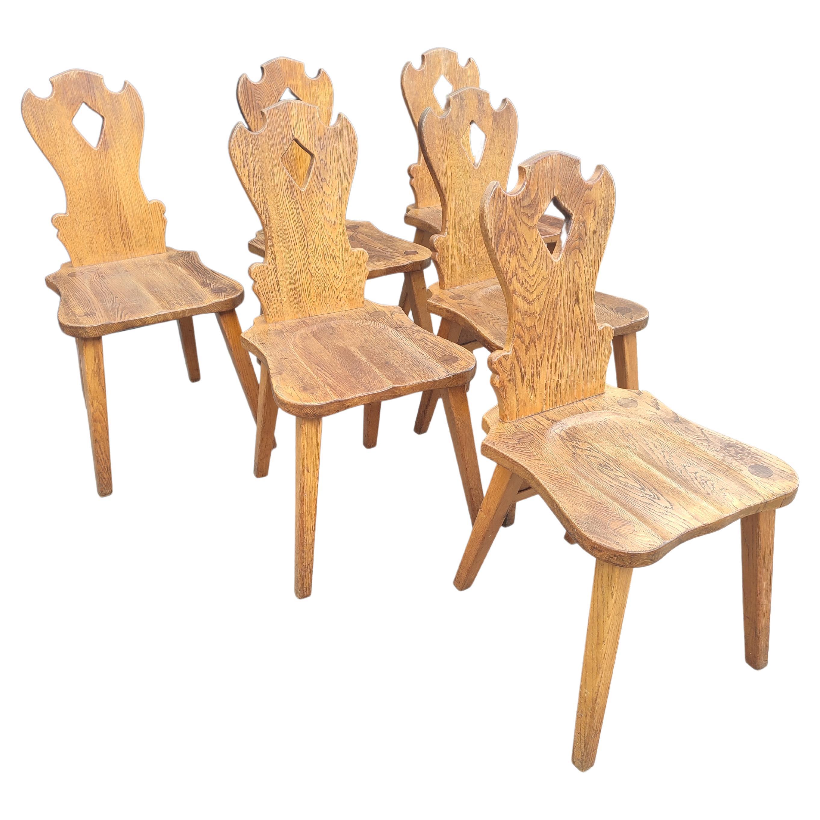 Brutalist Solid Oak Dining Chairs Set of 6 For Sale