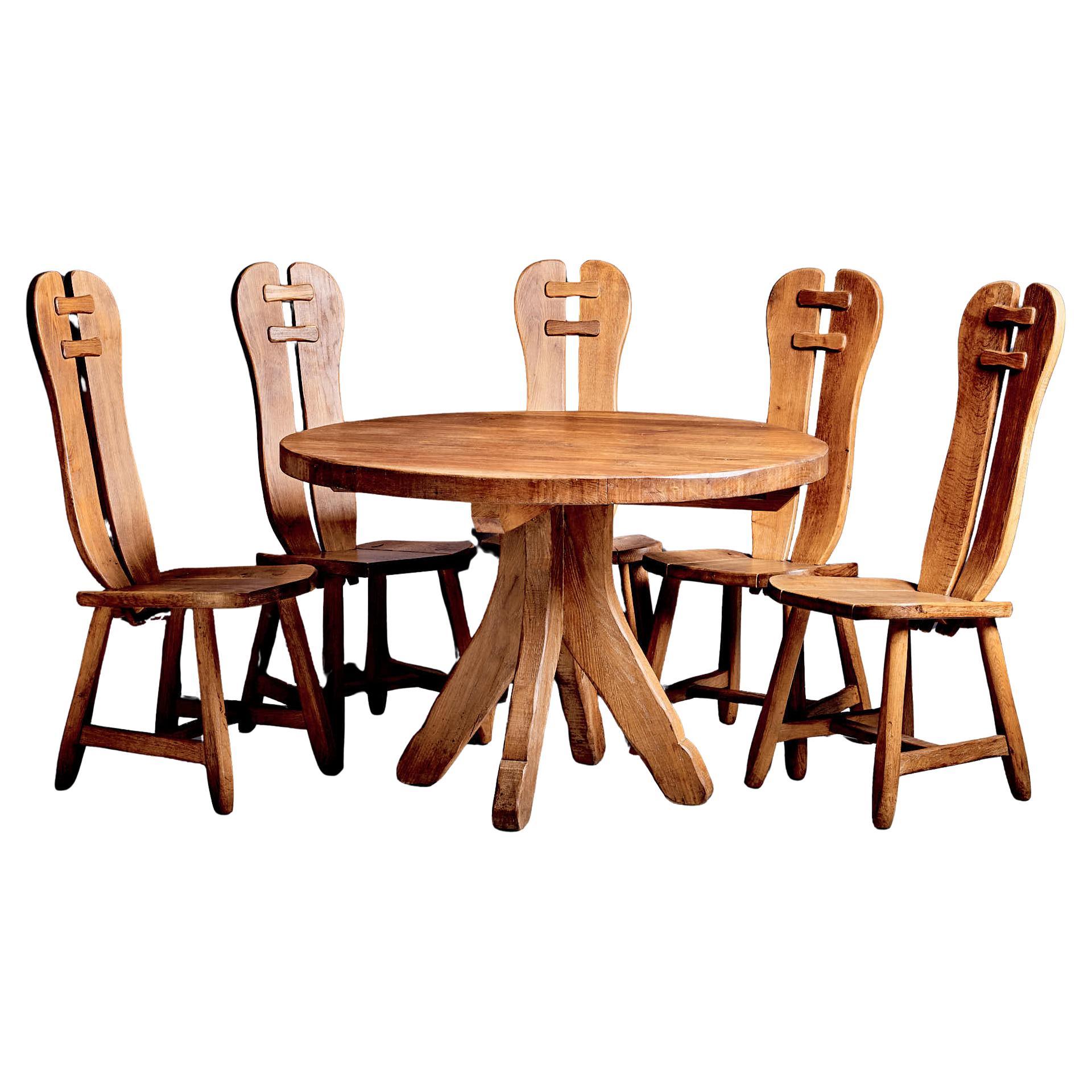 Brutalist solid Oak Dining Room Set consisting of 5 chairs and a dining table