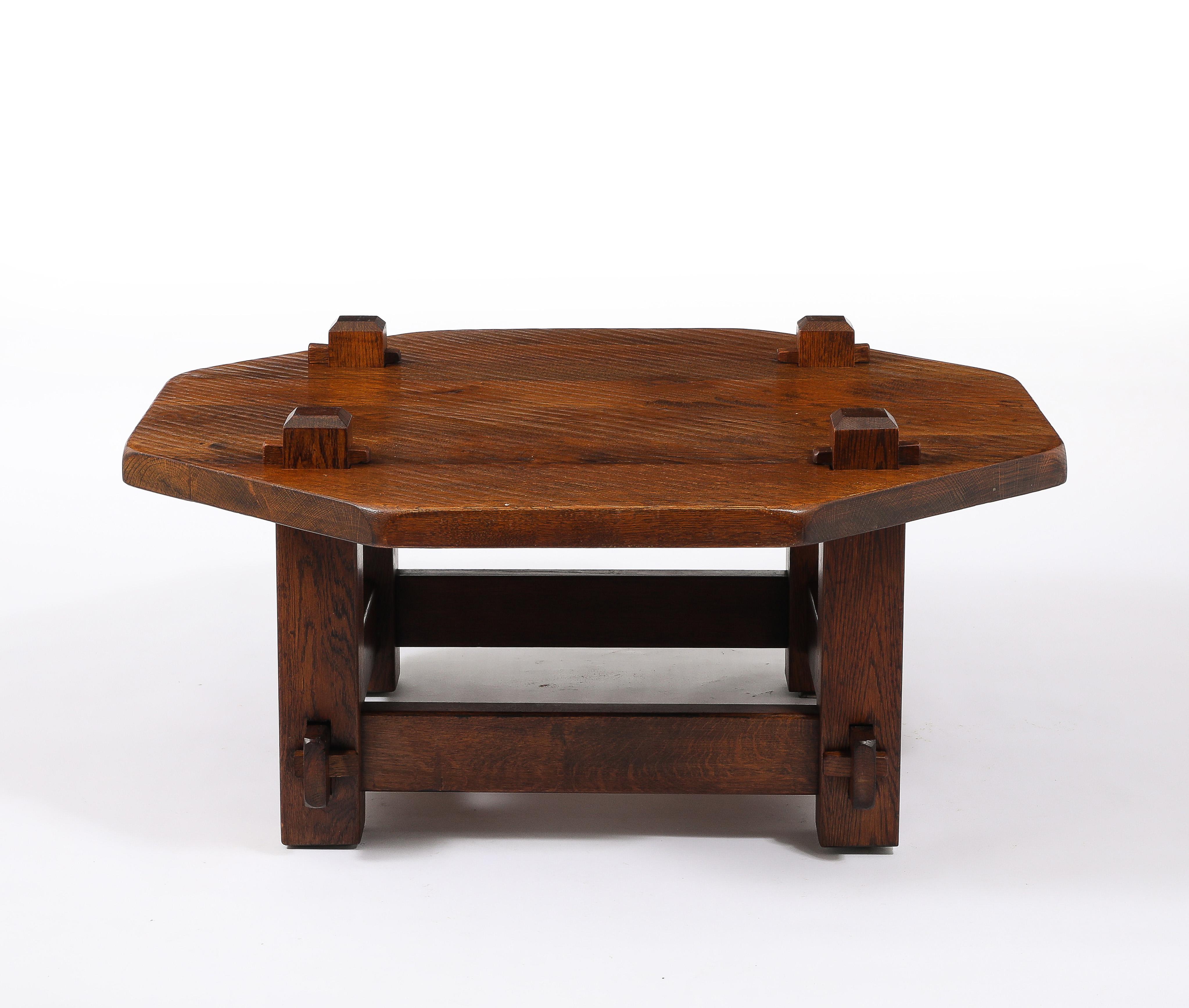 Brutalist Solid Oak Keyed Table, France 1940's For Sale 4