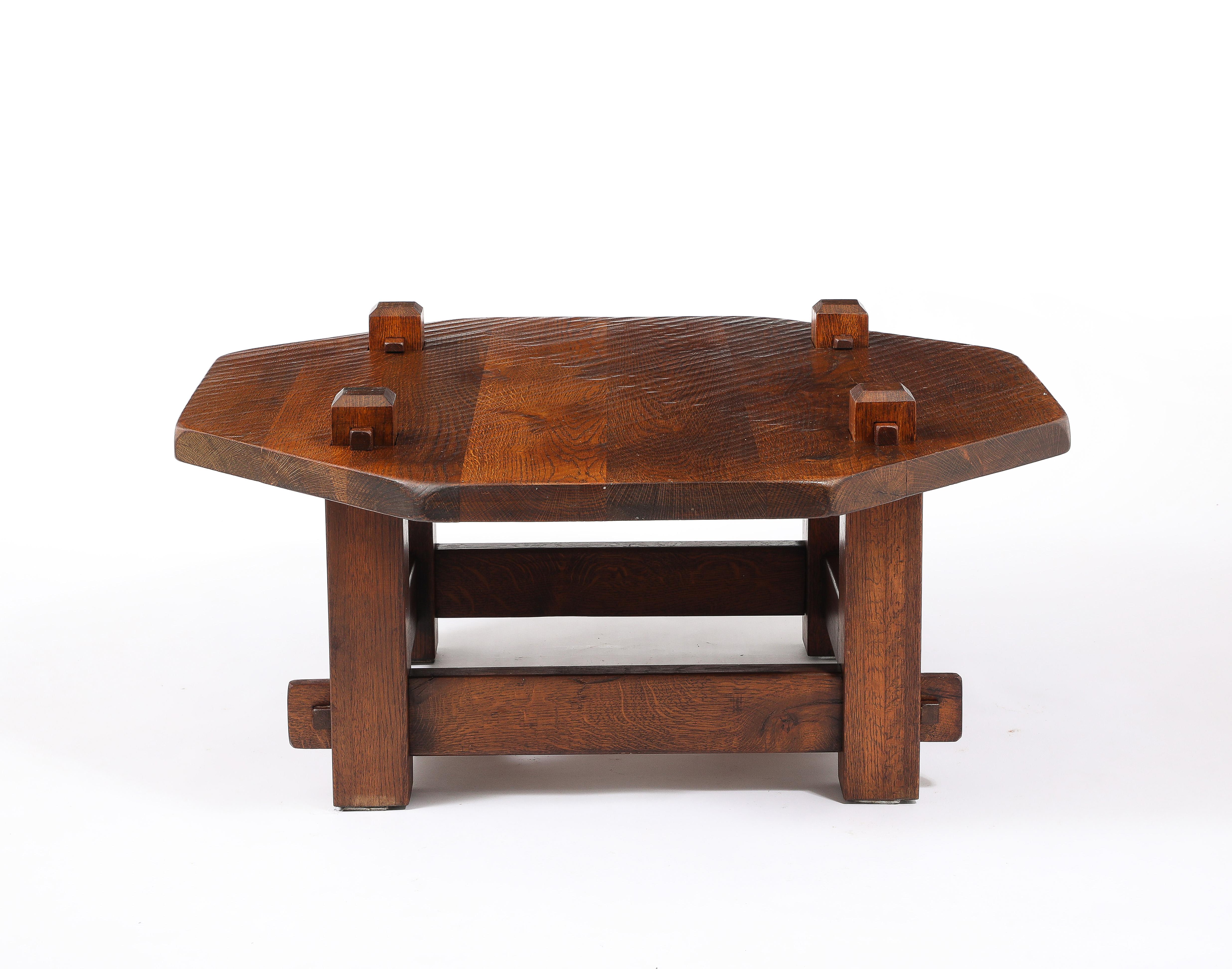 Mid-Century Modern Brutalist Solid Oak Keyed Table, France 1940's For Sale