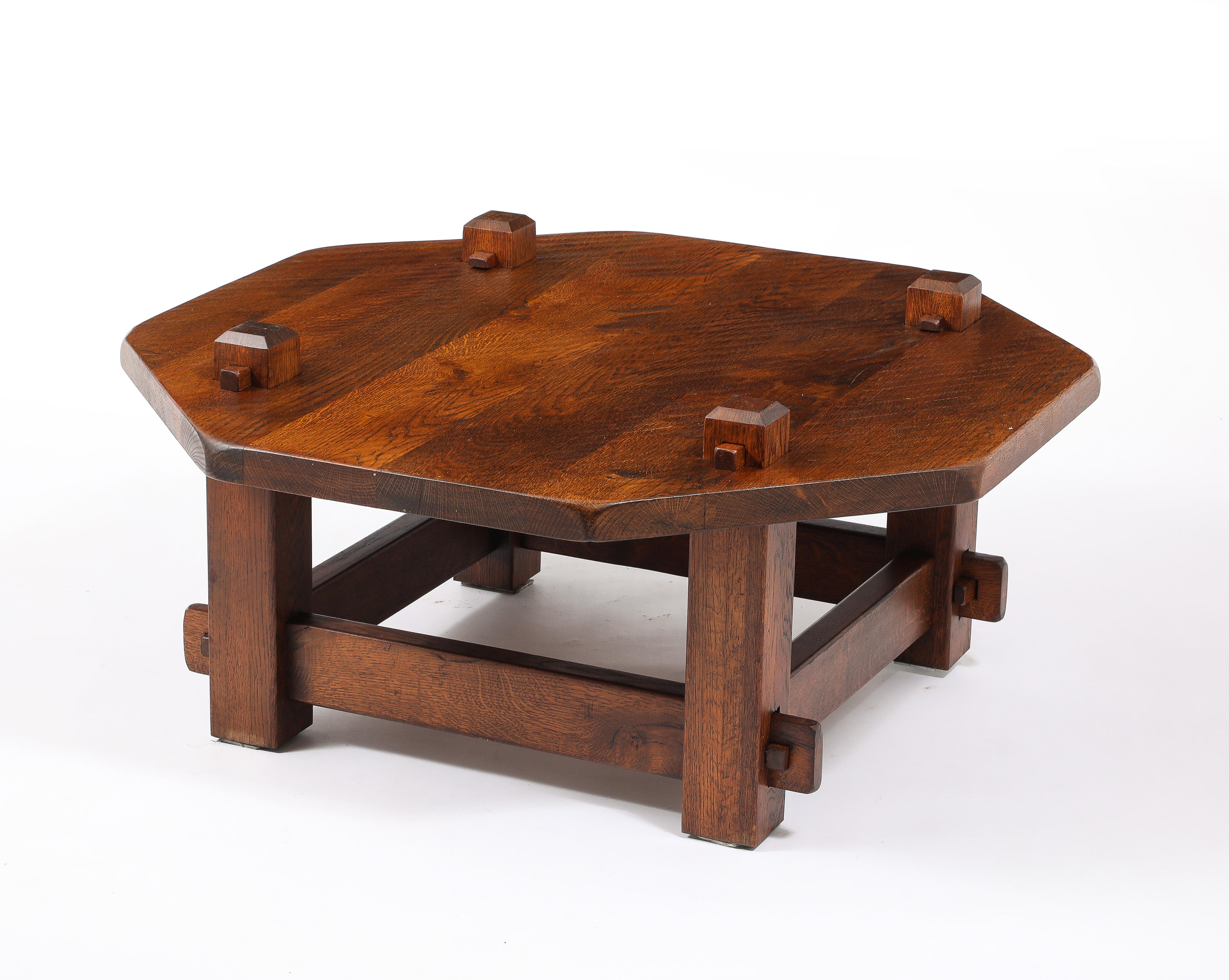 20th Century Brutalist Solid Oak Keyed Table, France 1940's For Sale