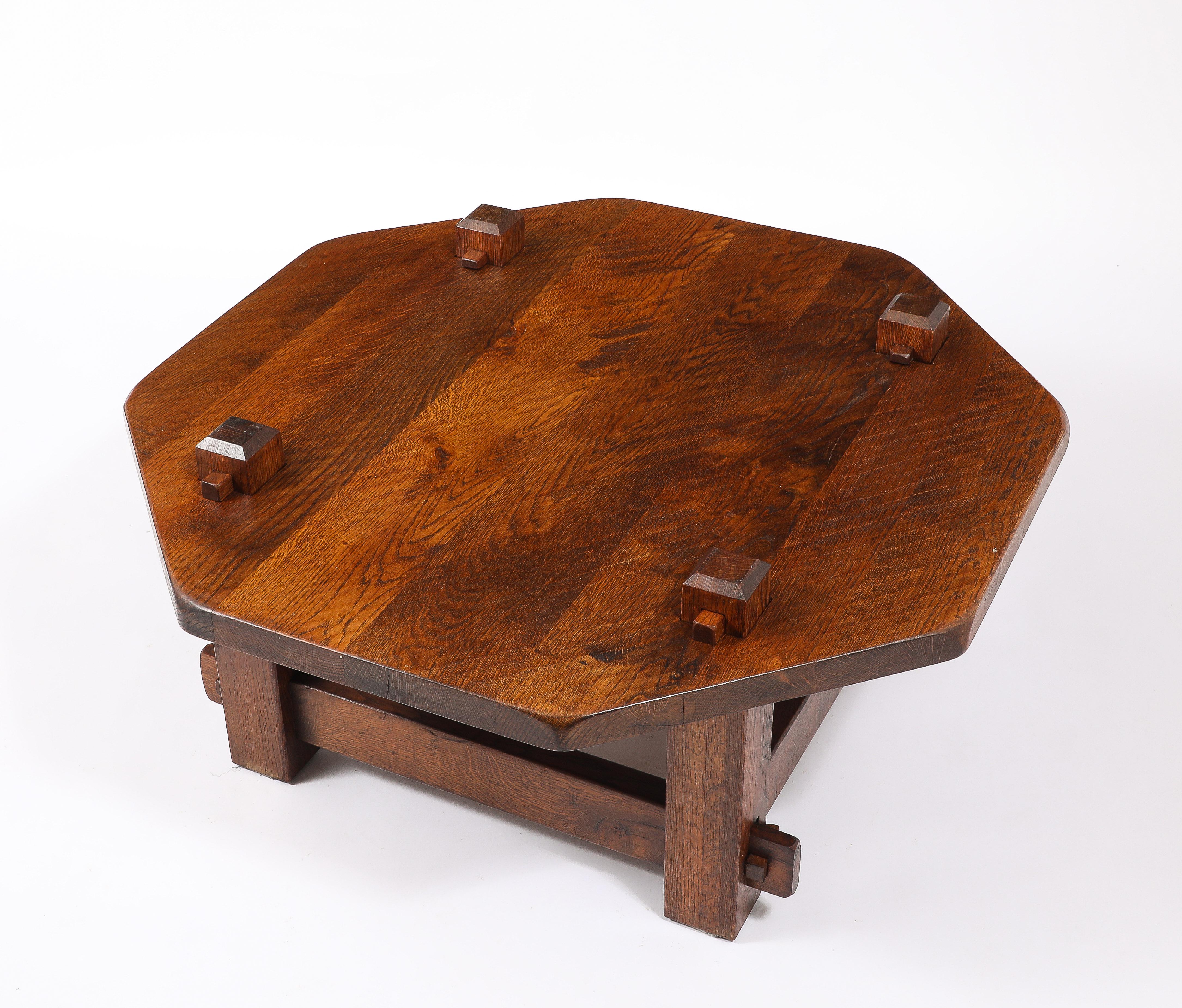 Brutalist Solid Oak Keyed Table, France 1940's For Sale 1