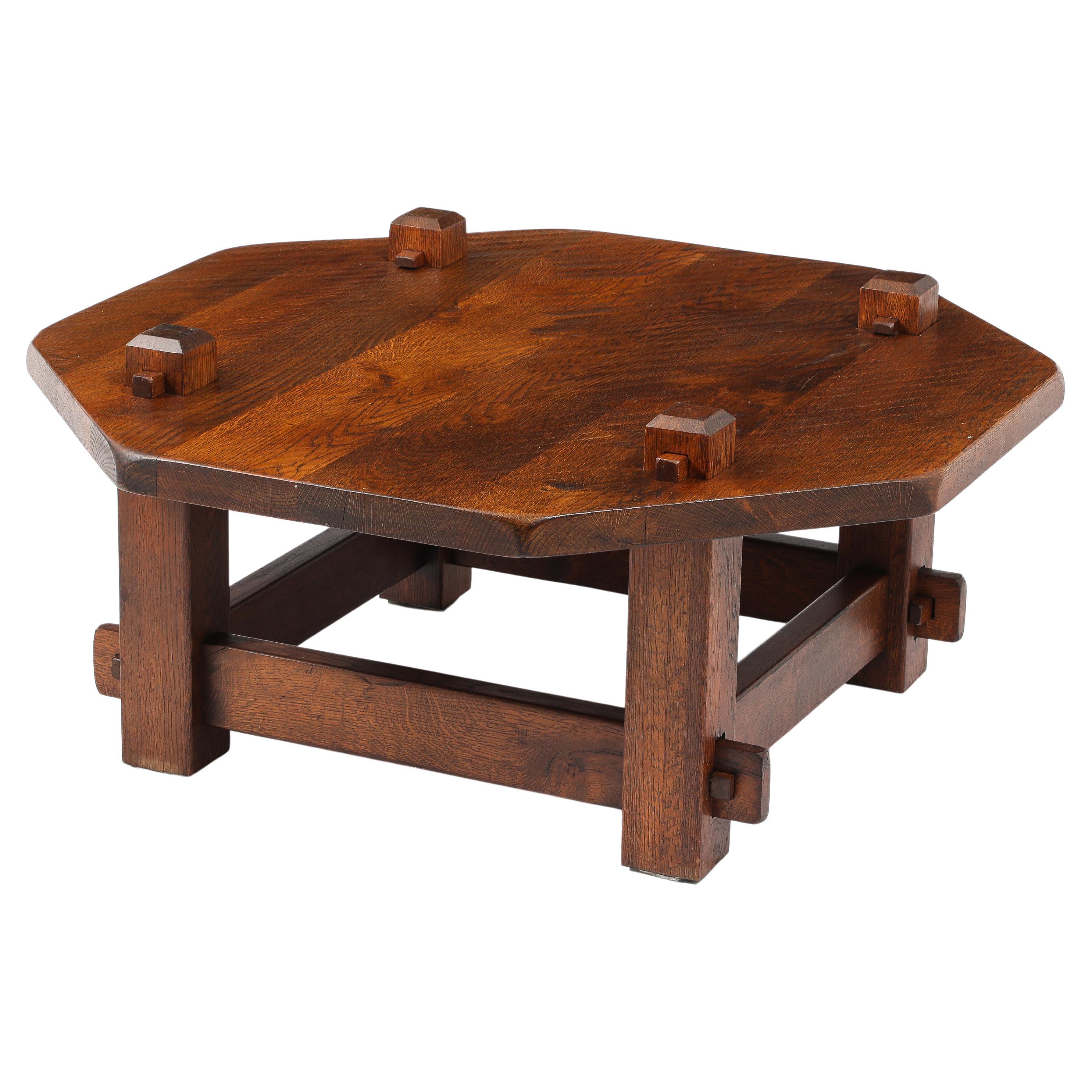 Brutalist Solid Oak Keyed Table, France 1940's For Sale