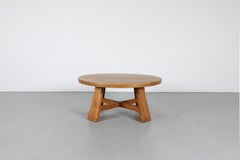 Brutalist Solid Oak Round Coffee Table with Carved Legs