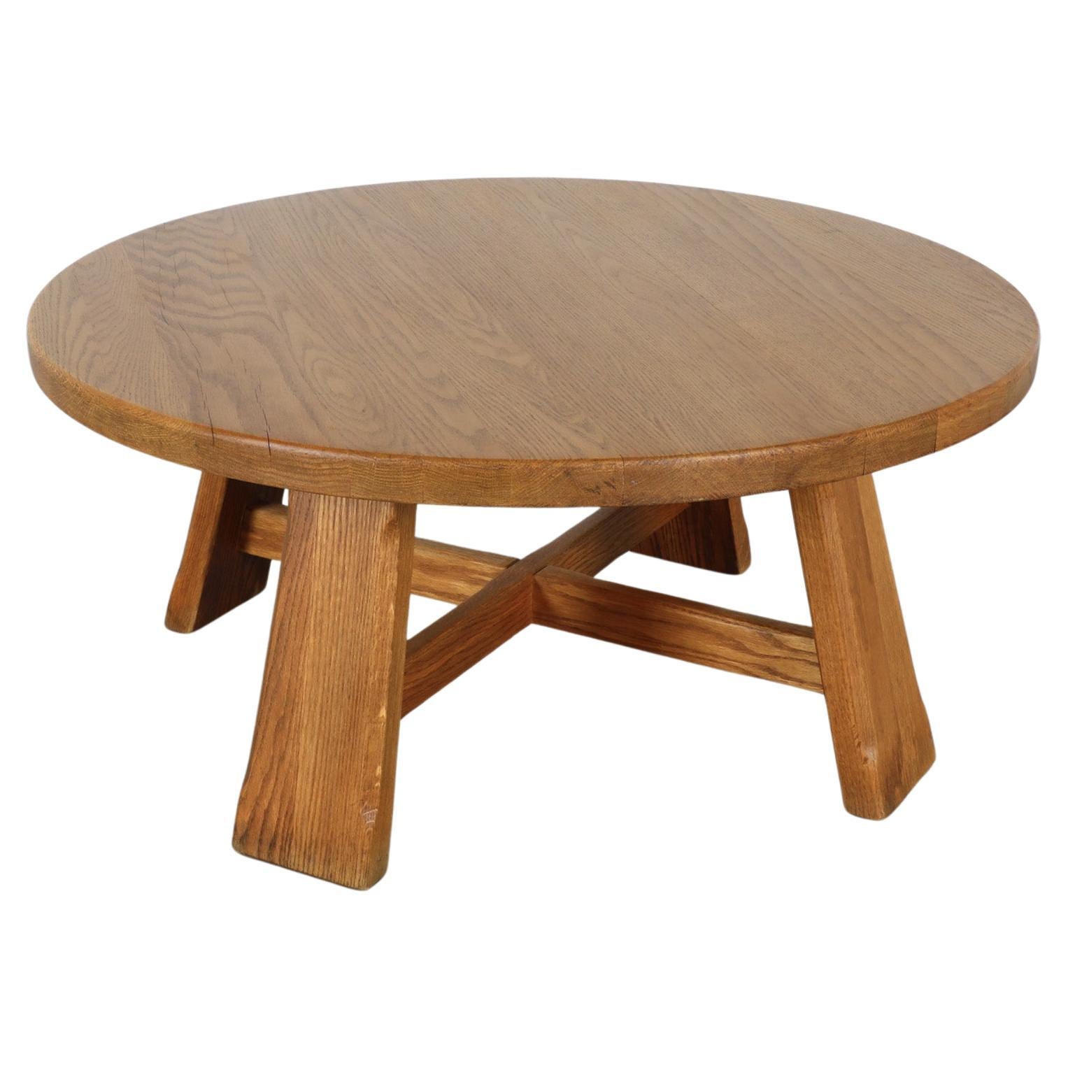 Brutalist Solid Oak Round Coffee Table with Carved Legs