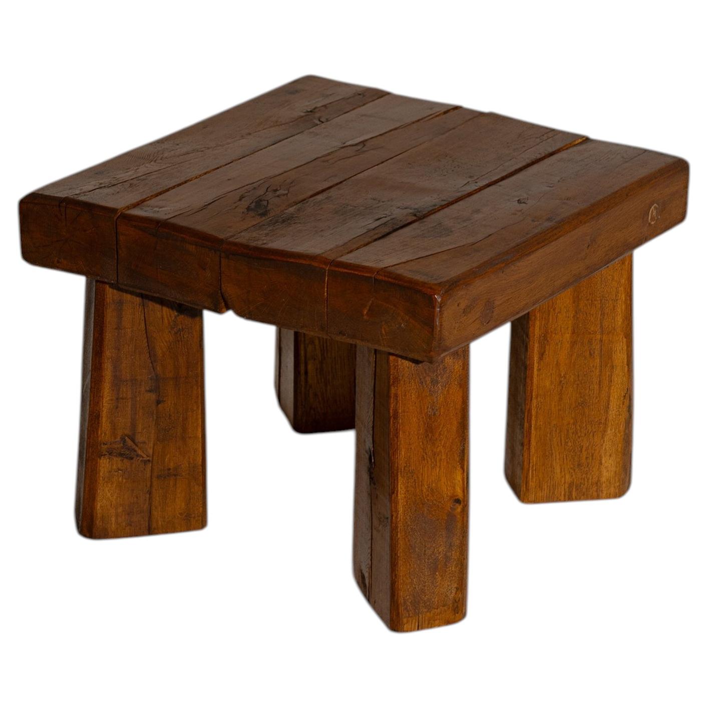 Brutalist Solid Oak Side Table with Wooden Pins, 1960s