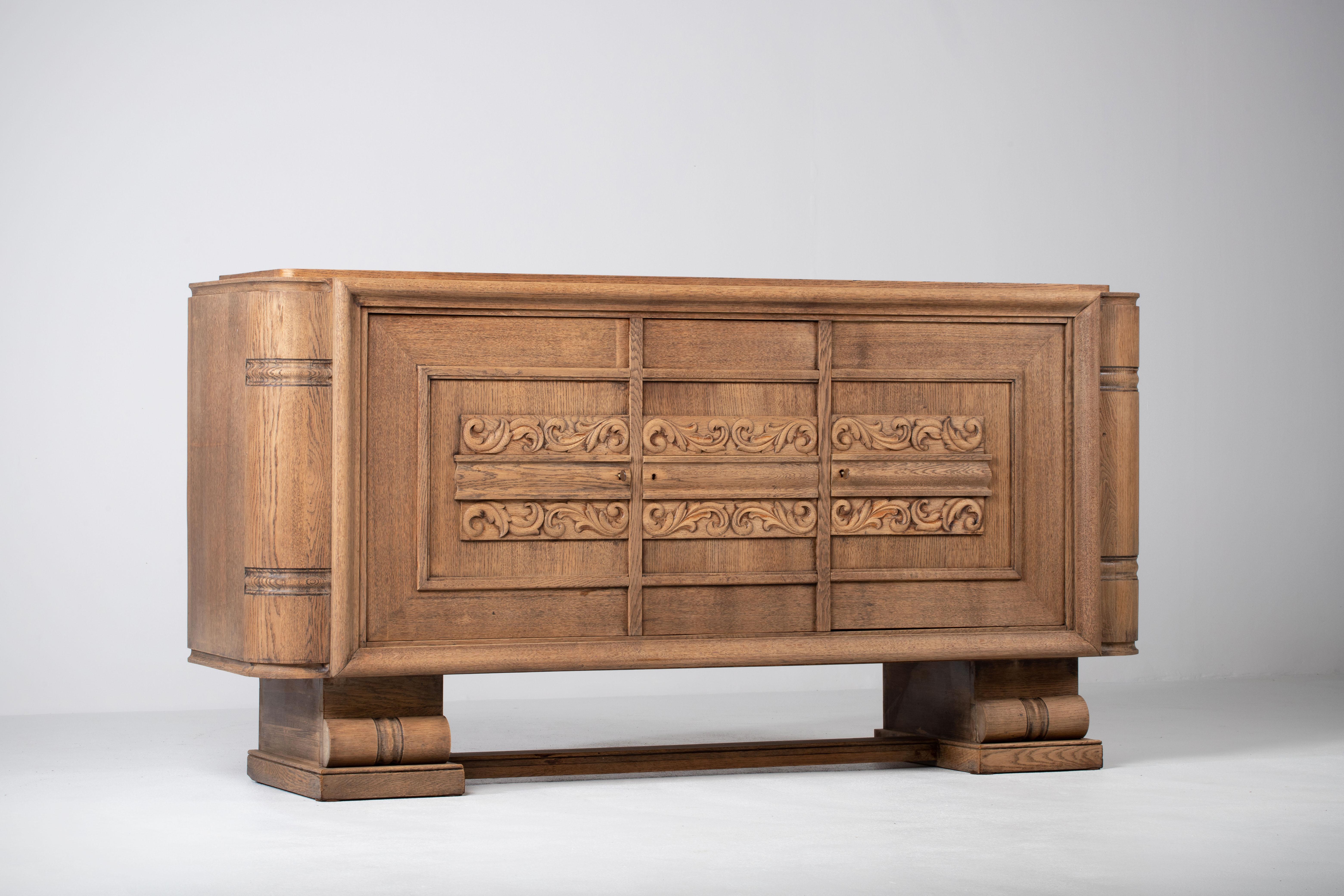 Mid-Century Modern Brutalist Solid Oak Sideboard, France, 1940s For Sale