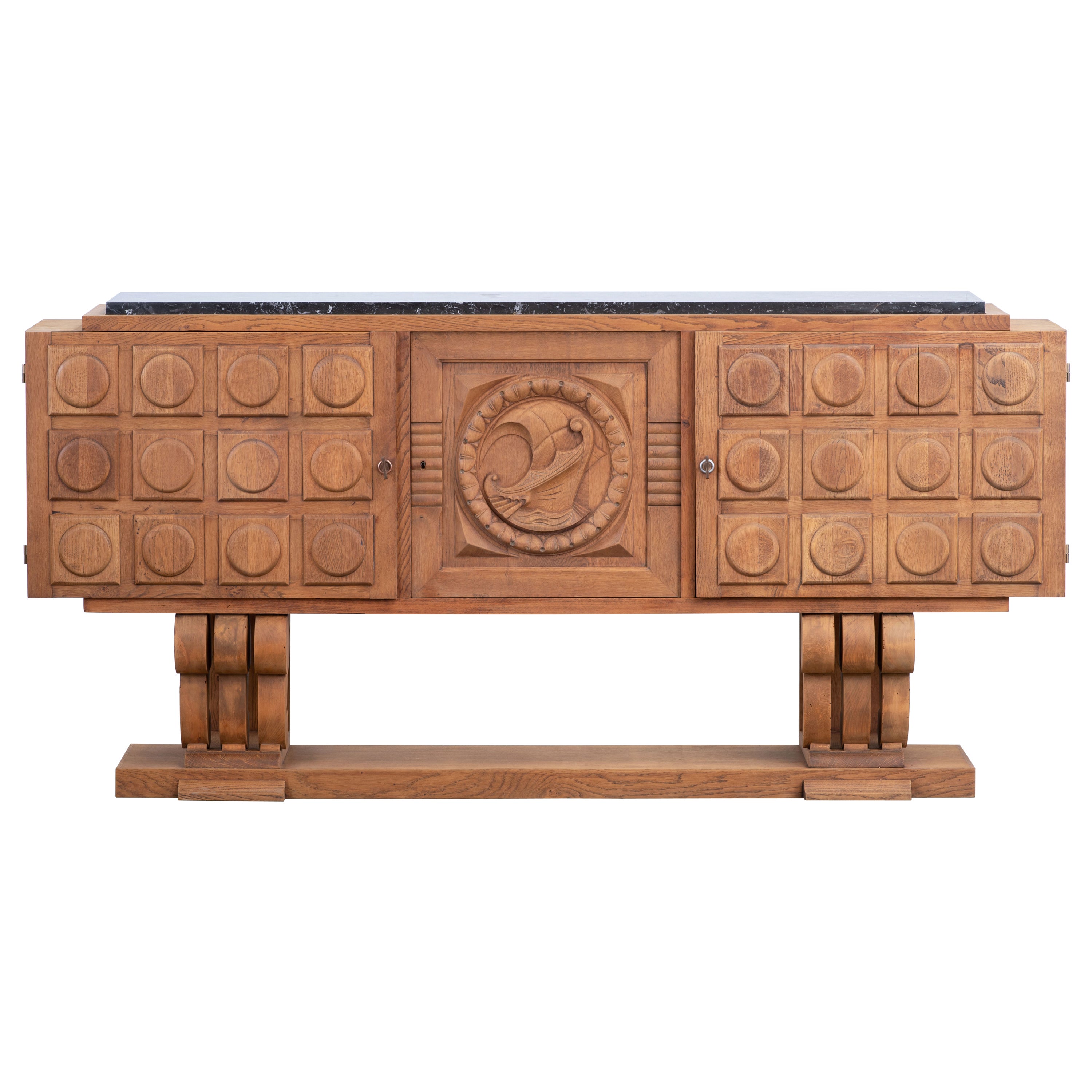 Brutalist Solid Oak Sideboard, France, 1940s