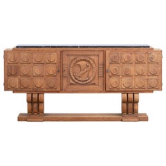 Brutalist Solid Oak Sideboard, France, 1940s
