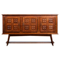 Brutalist Solid Oak Sideboard, France, 1940s