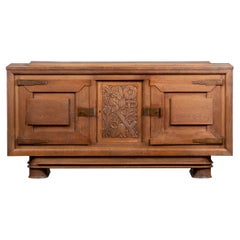 Brutalist Solid Oak Sideboard, France, 1940s