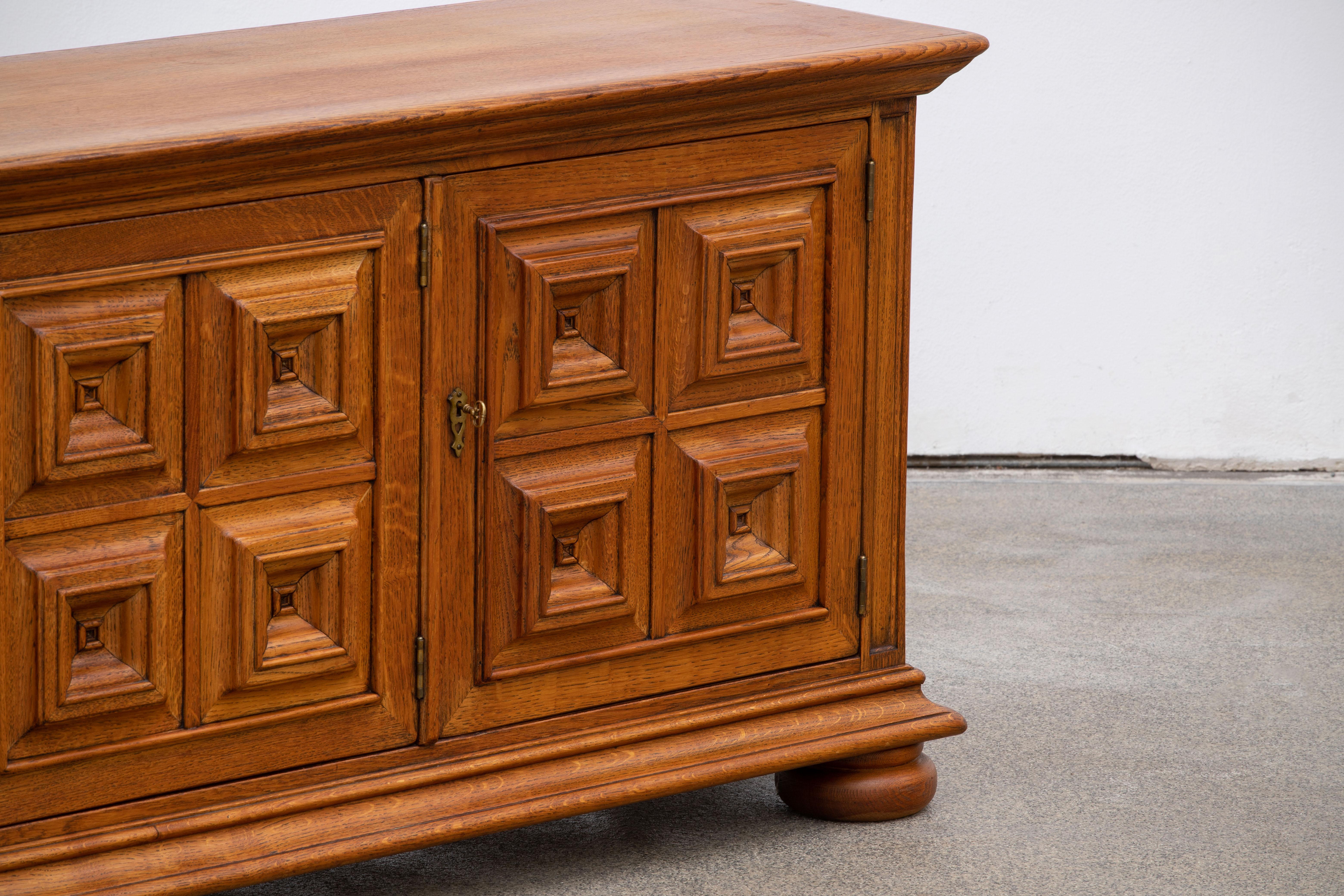 Mid-20th Century Brutalist Solid Oak Sideboard, Spanish Colonial, 1940s