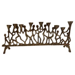 Brutalist Solid Patinated Bronze Menorah Figures Judaica