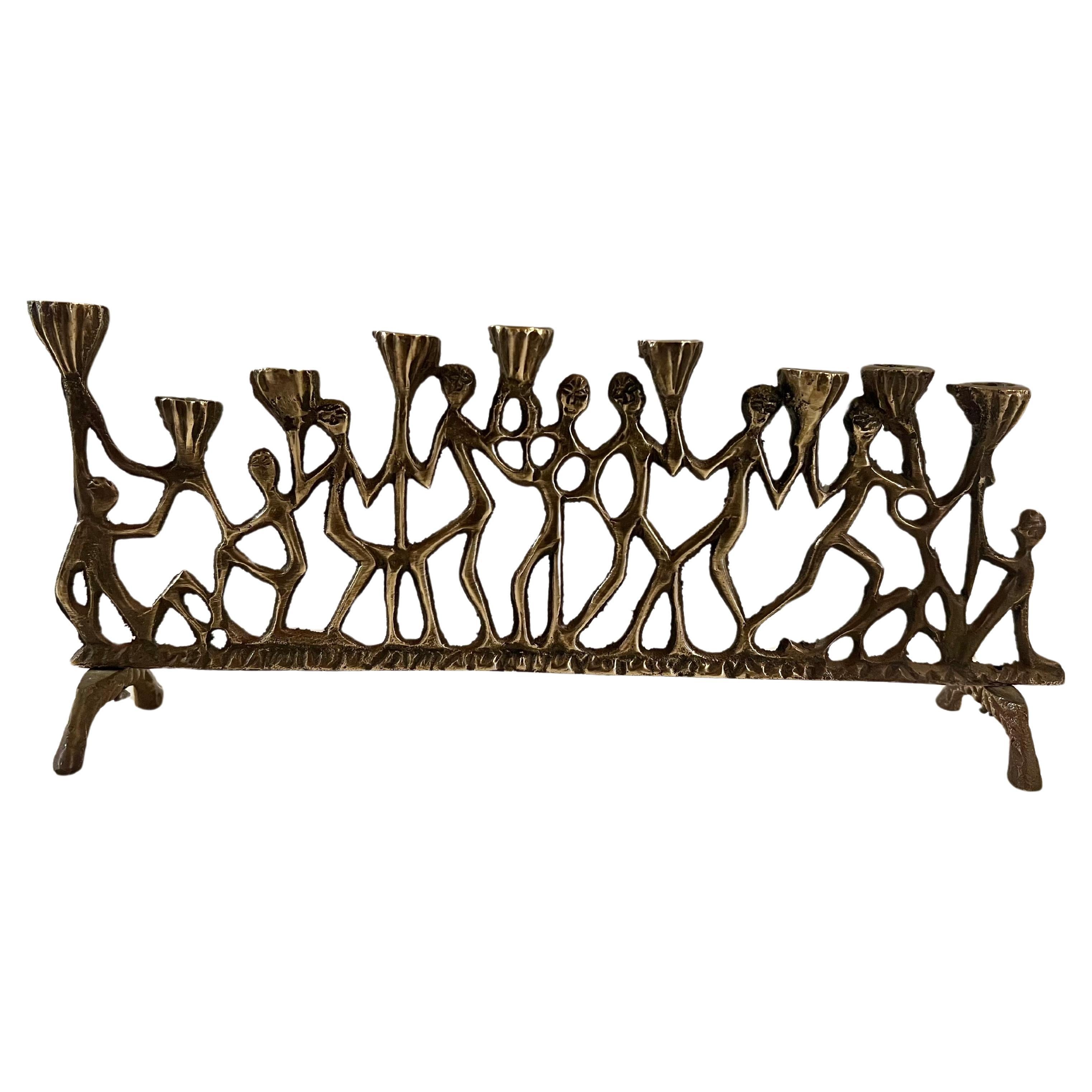 Mid-Century Modern Brutalist Solid Patinated Bronze Menorah Figures Judaica