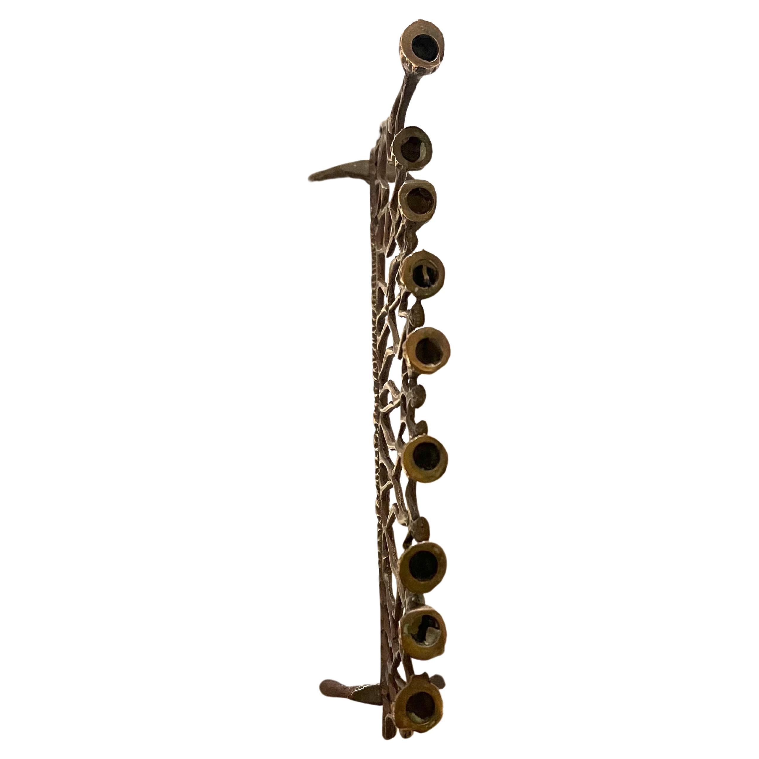 Israeli Brutalist Solid Patinated Bronze Menorah Figures Judaica