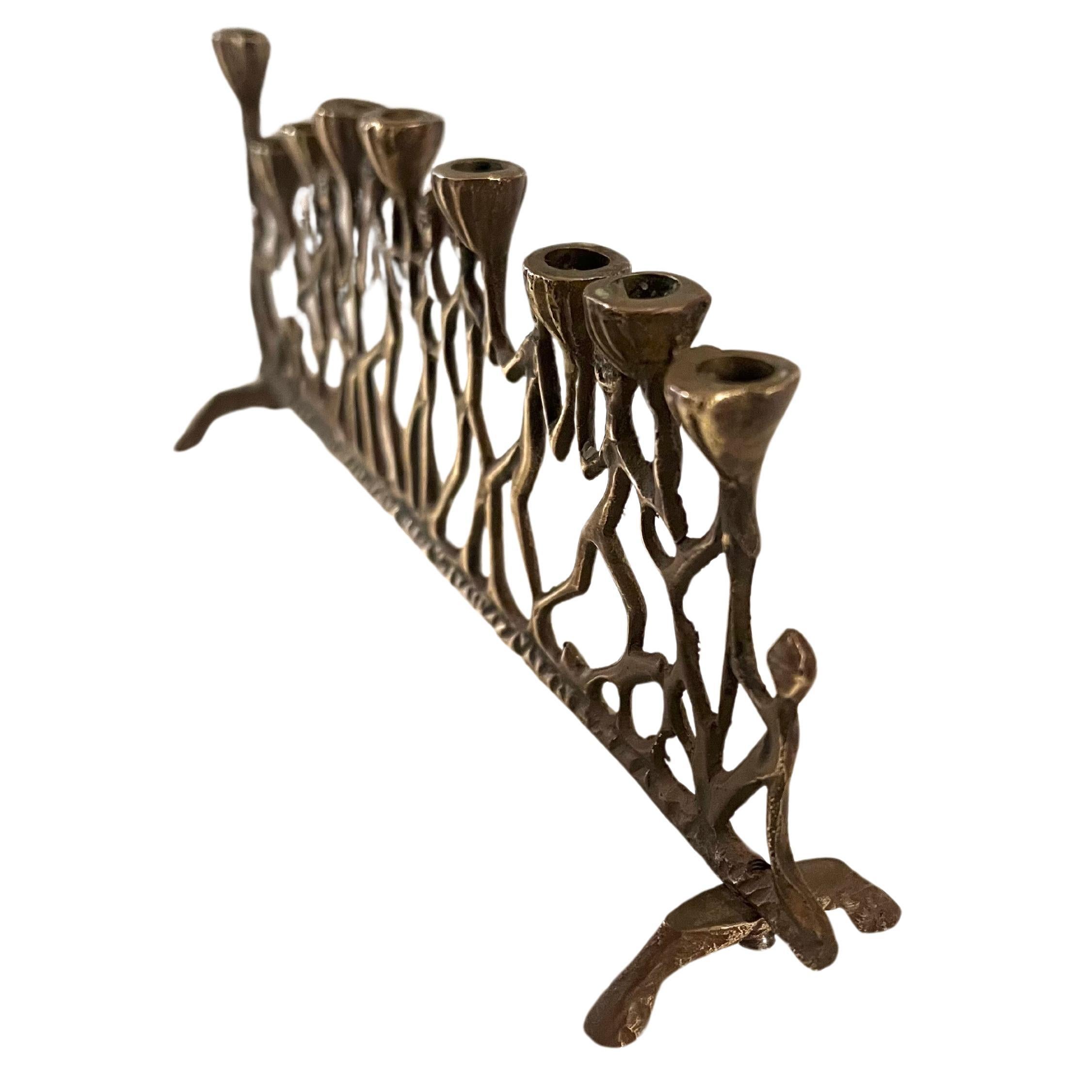 Brutalist Solid Patinated Bronze Menorah Figures Judaica In Excellent Condition In San Diego, CA