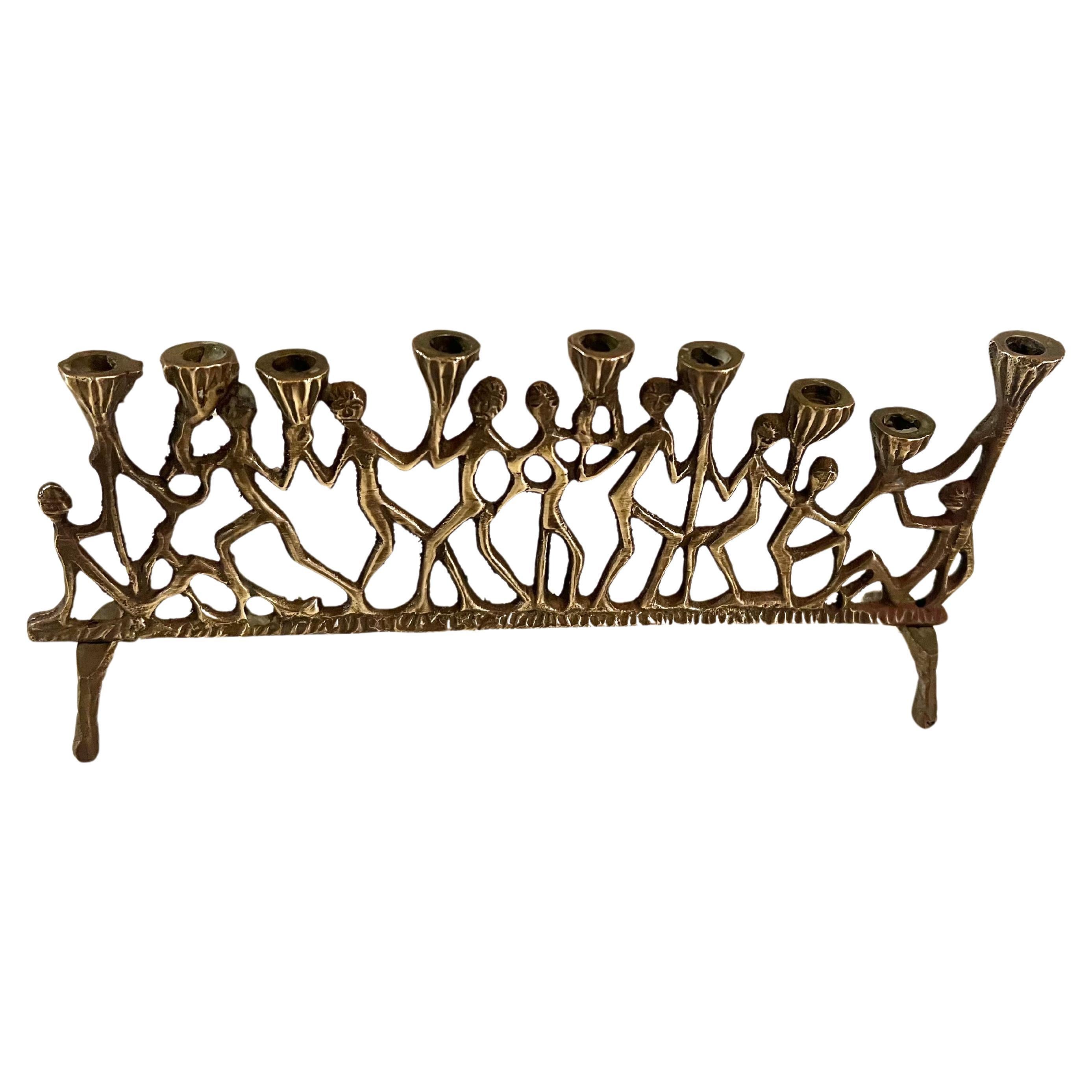 20th Century Brutalist Solid Patinated Bronze Menorah Figures Judaica